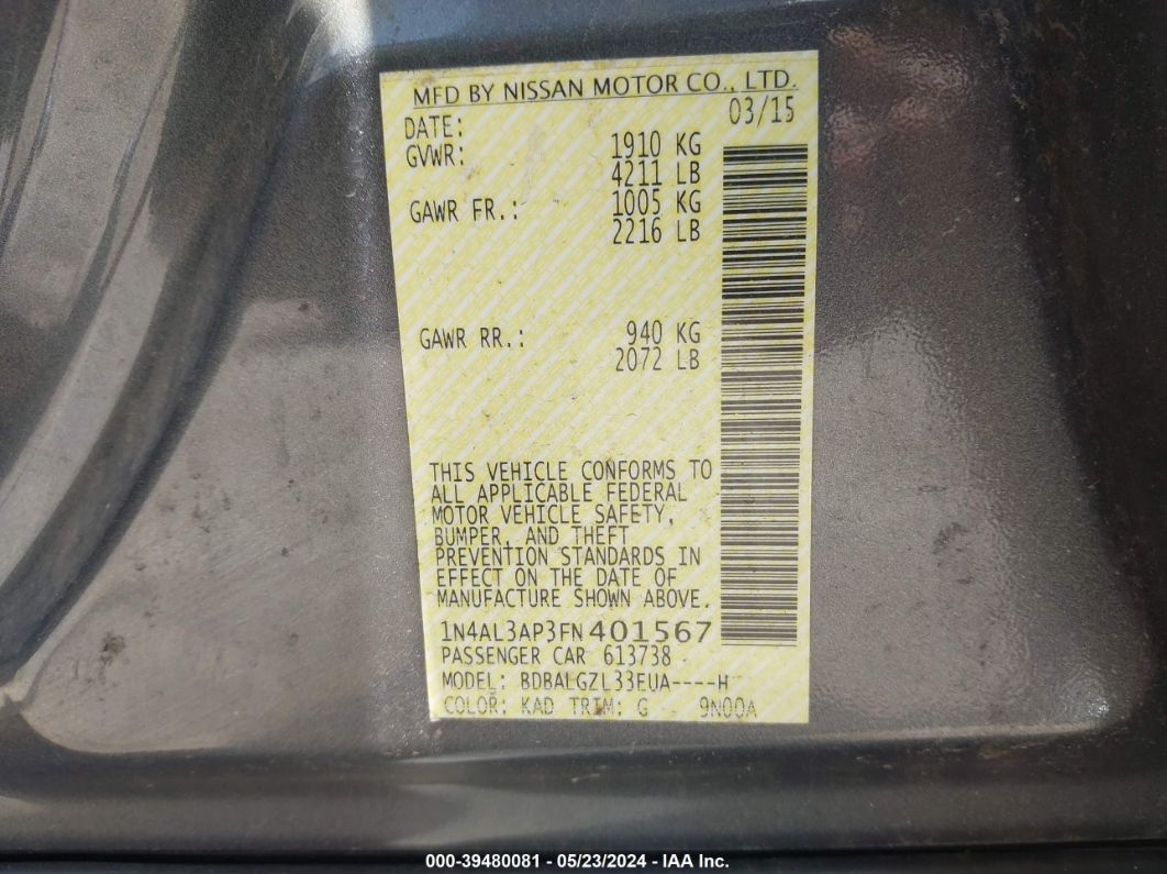 2015 Nissan Altima 2.5 S Gray vin: 1N4AL3AP3FN401567