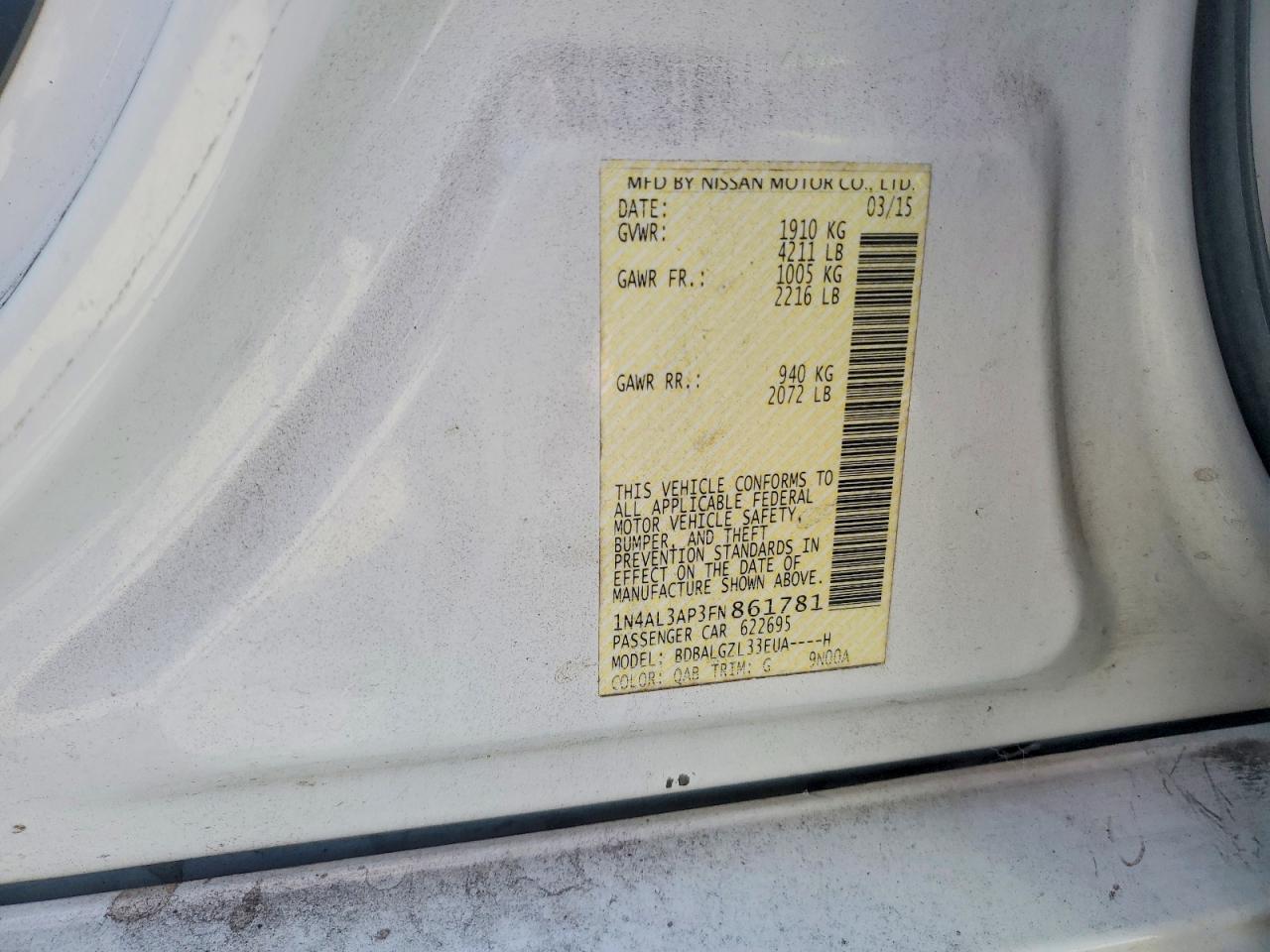 2015 Nissan Altima White vin: 1N4AL3AP3FN861781