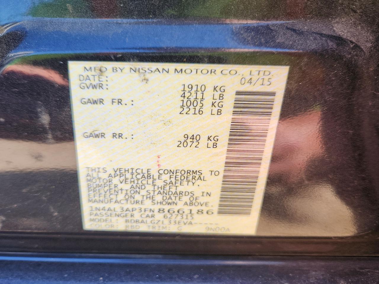 2015 Nissan Altima 2.5 S Charcoal vin: 1N4AL3AP3FN866186