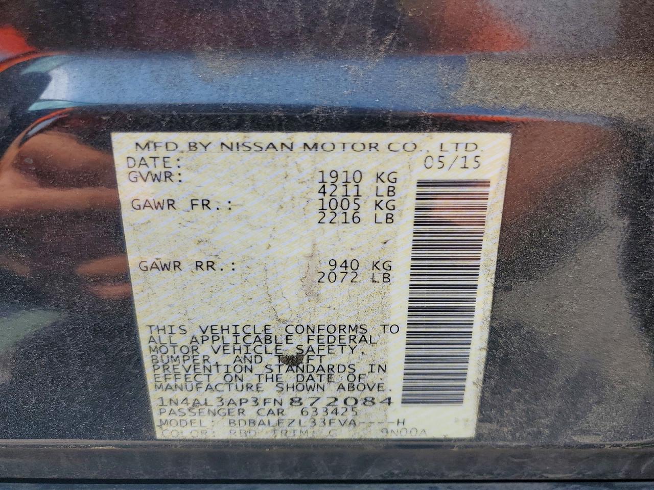 2015 Nissan Altima 2.5 S Black vin: 1N4AL3AP3FN872084