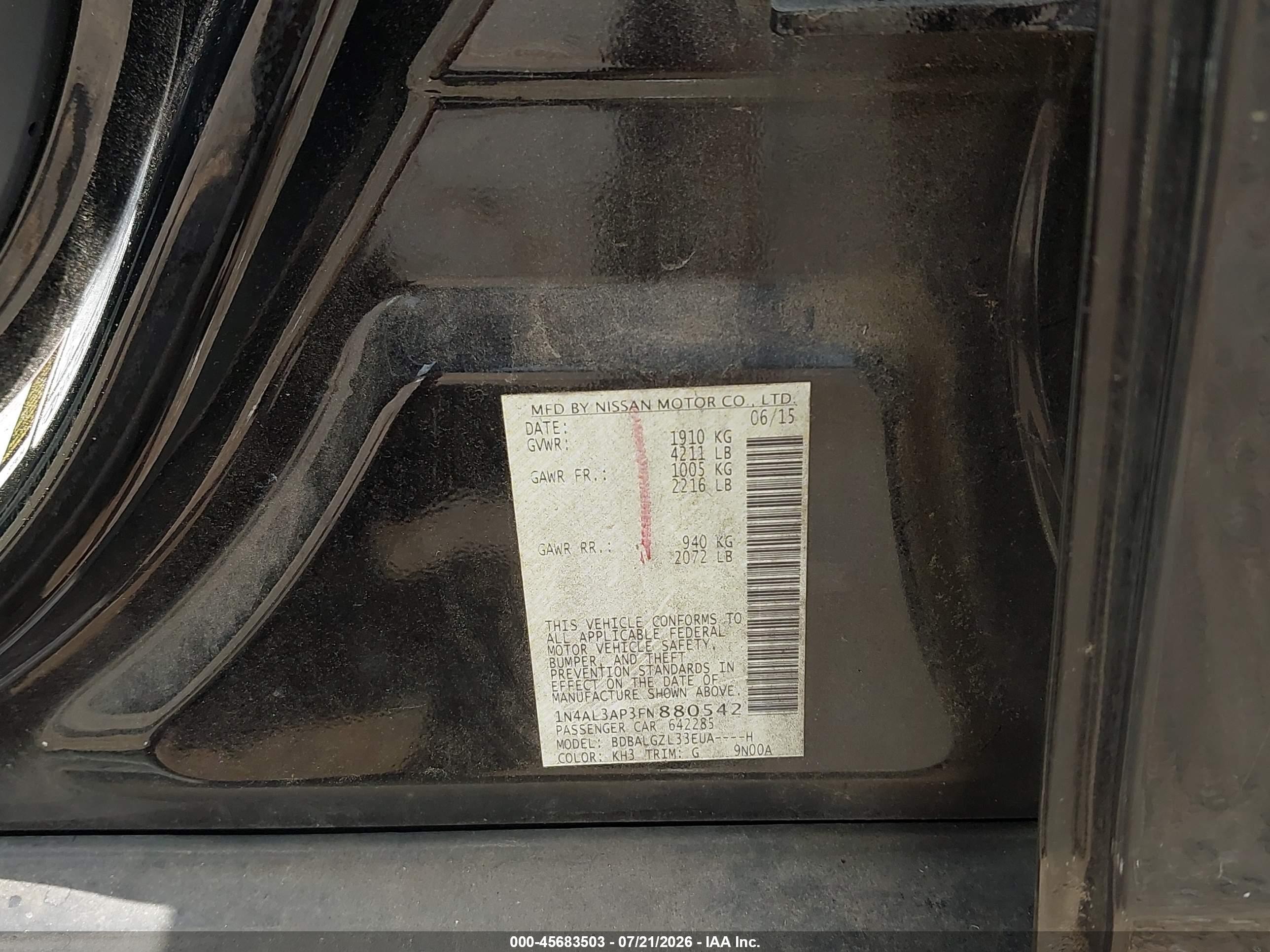 2015 Nissan Altima 2.5 S Black vin: 1N4AL3AP3FN880542