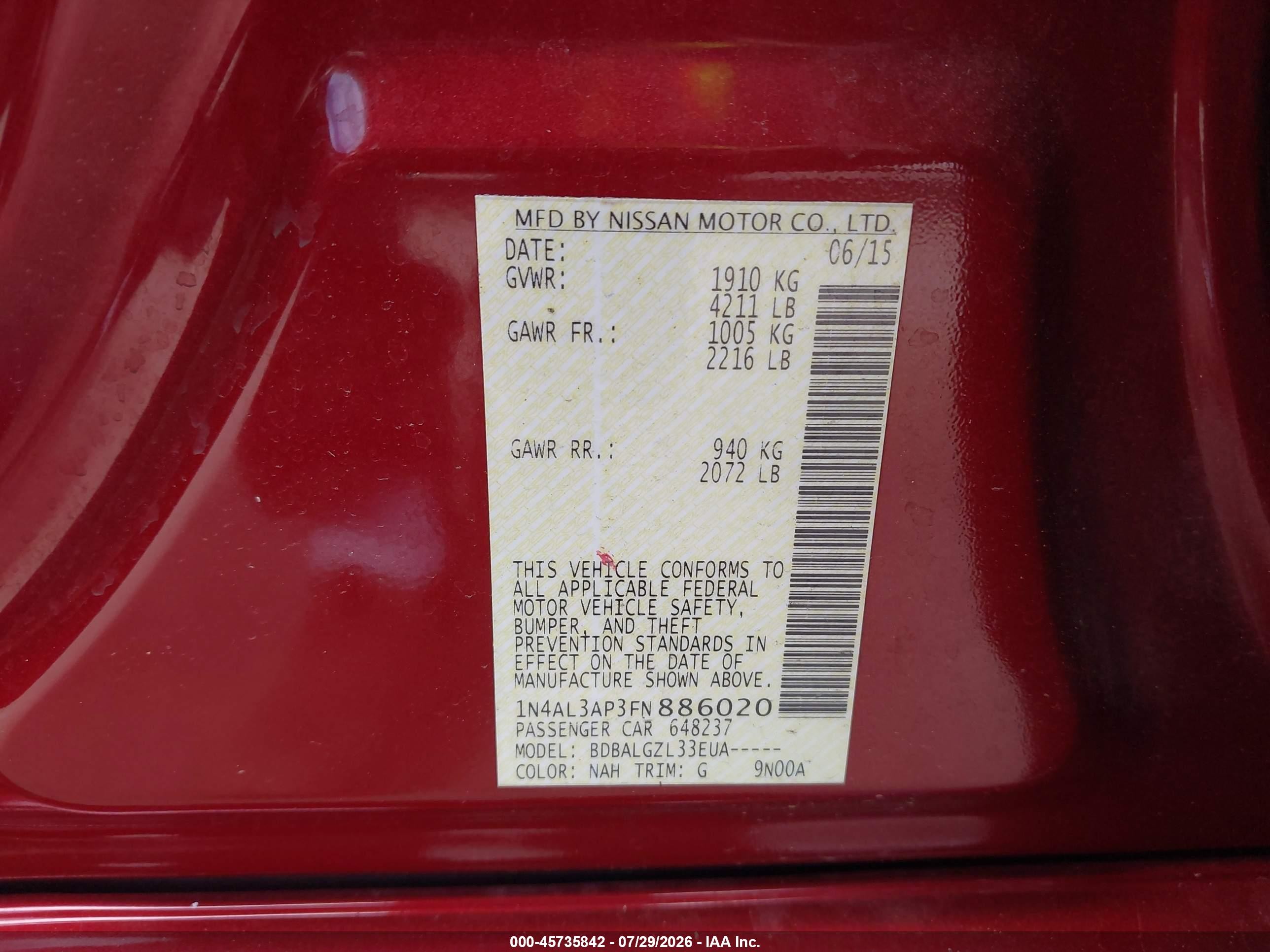 2015 Nissan Altima 2.5/2.5 S/2.5 Sl/2.5 Sv Red vin: 1N4AL3AP3FN886020