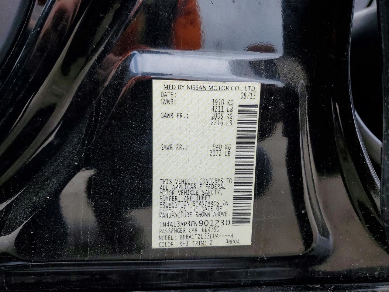 2015 Nissan Altima 2.5 Sl Black vin: 1N4AL3AP3FN901230