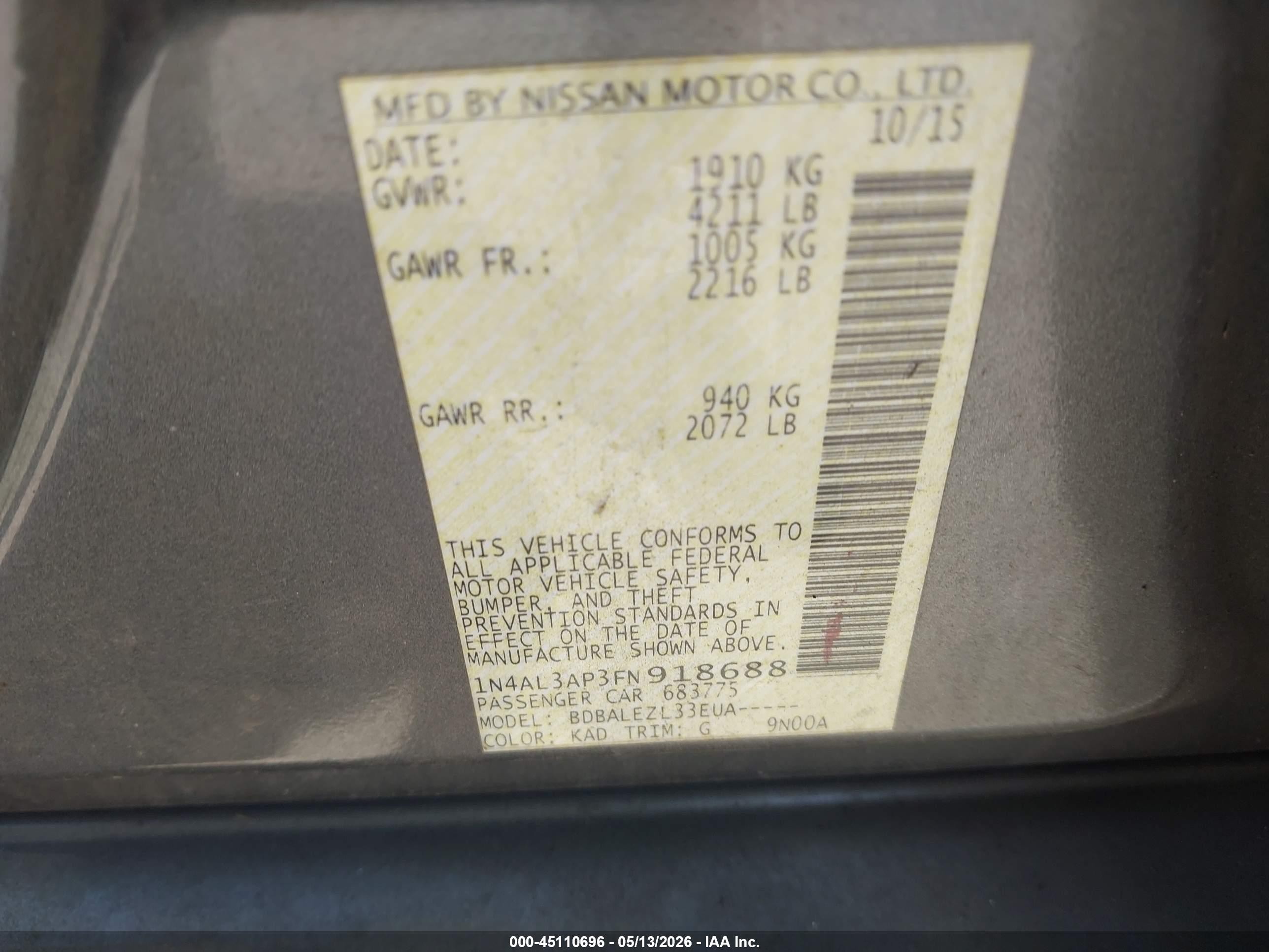 2015 Nissan Altima 2.5/2.5 S/2.5 Sl/2.5 Sv Gray vin: 1N4AL3AP3FN918688