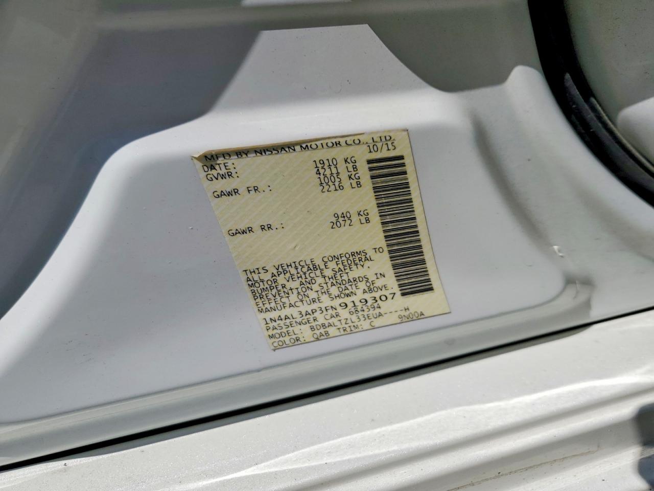 2015 Nissan Altima 2.5 Sl Белый vin: 1N4AL3AP3FN919307
