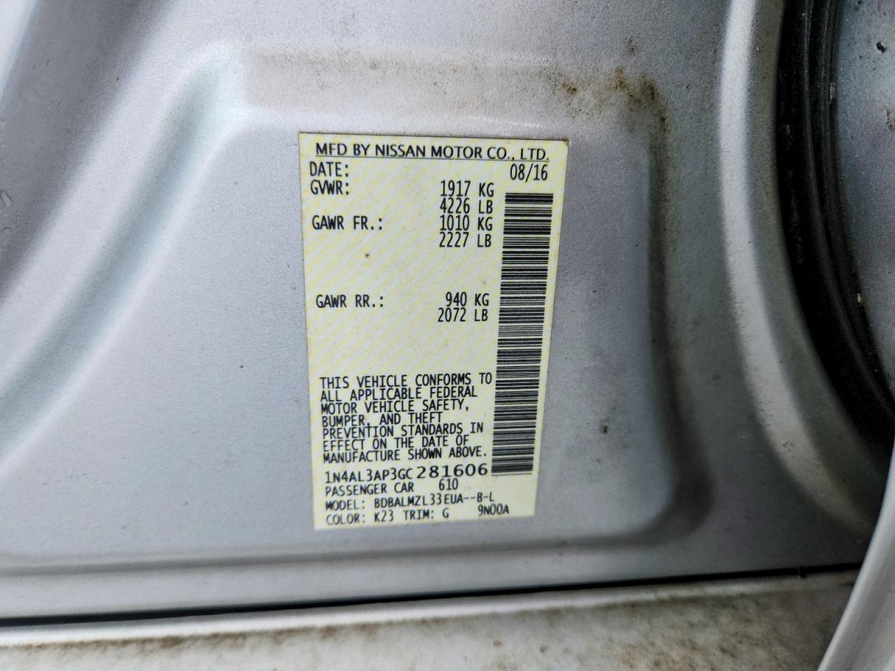 2016 Nissan Altima 2.5 Sv Silver vin: 1N4AL3AP3GC281606