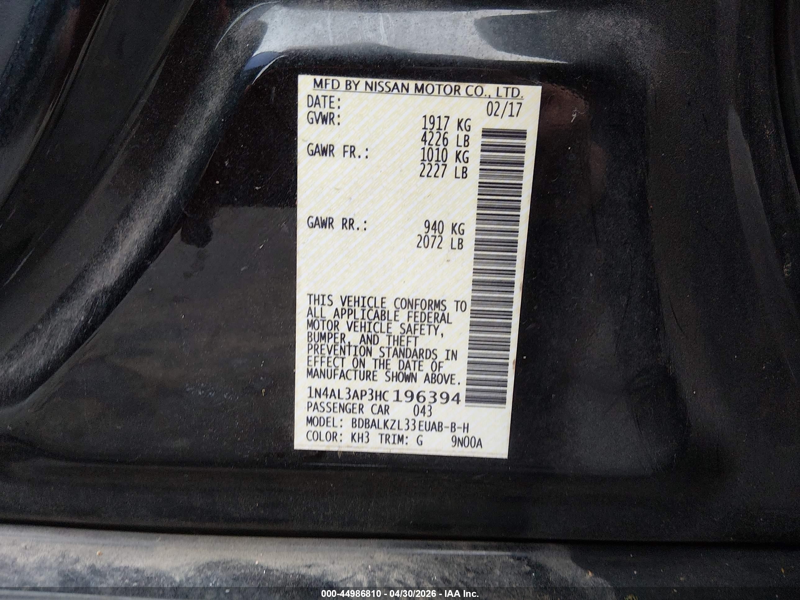 2017 Nissan Altima 2.5 Sv Black vin: 1N4AL3AP3HC196394