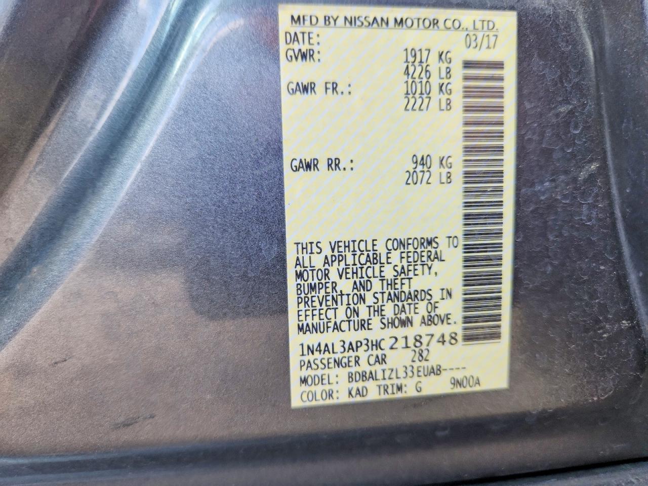 2017 Nissan Altima 2.5 Sv Gray vin: 1N4AL3AP3HC218748