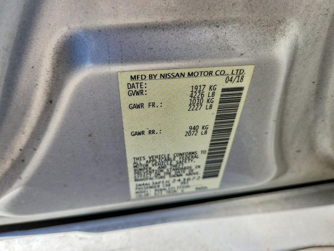 2018 Nissan Altima 2.5 Sv Silver vin: 1N4AL3AP3JC243672