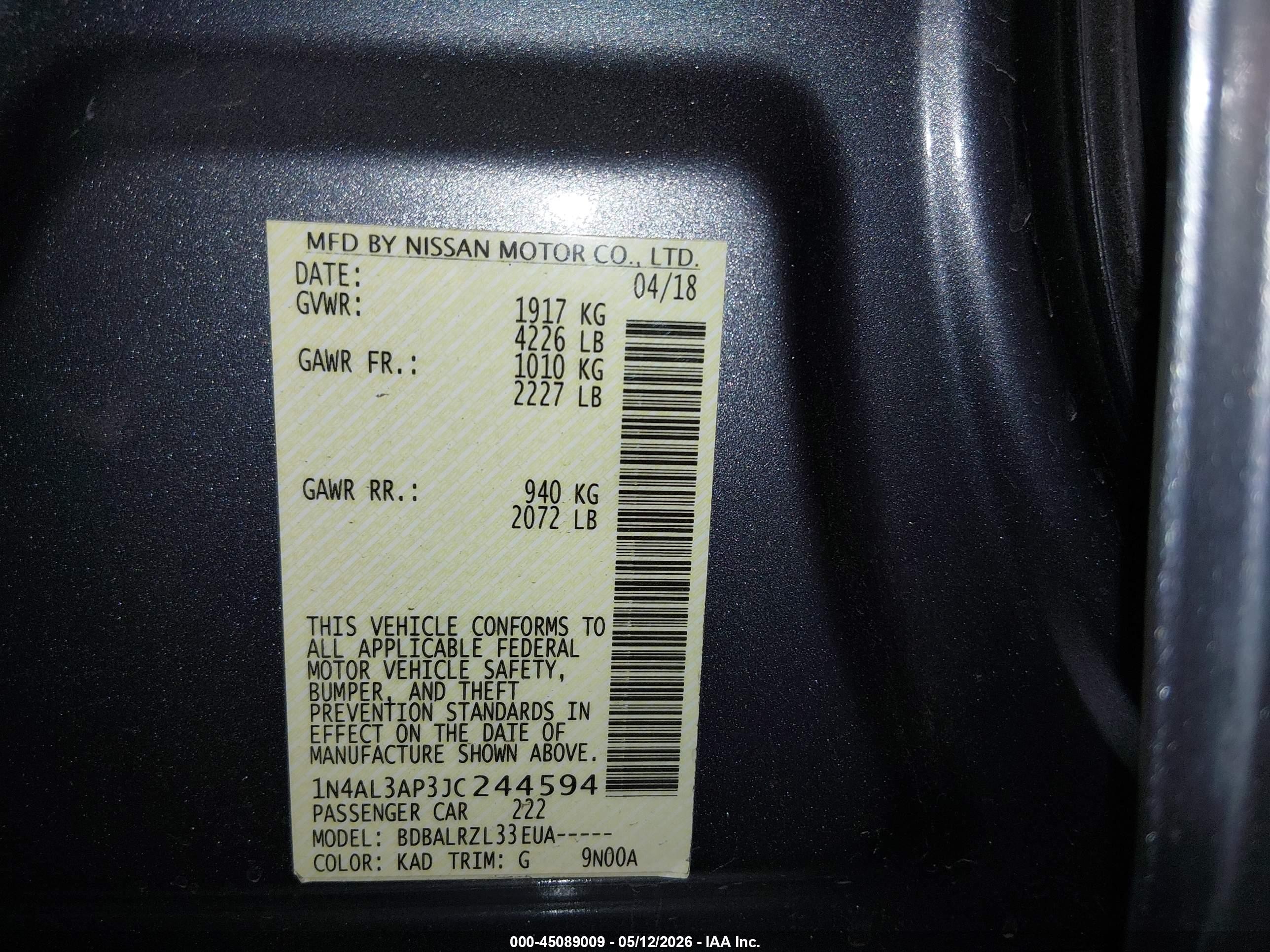 2018 Nissan Altima 2.5 Sl Gray vin: 1N4AL3AP3JC244594