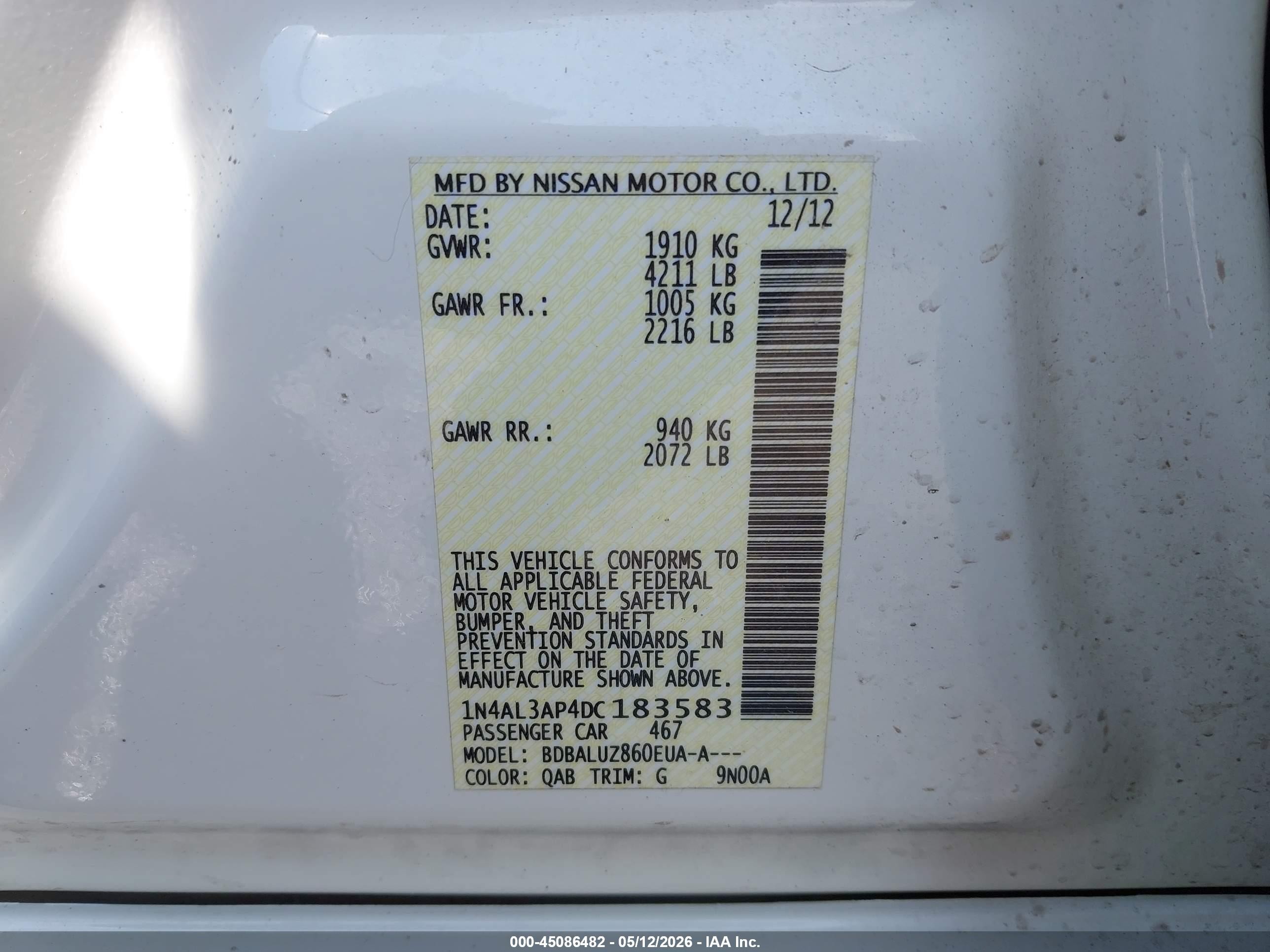 2013 Nissan Altima 2.5 Sv White vin: 1N4AL3AP4DC183583