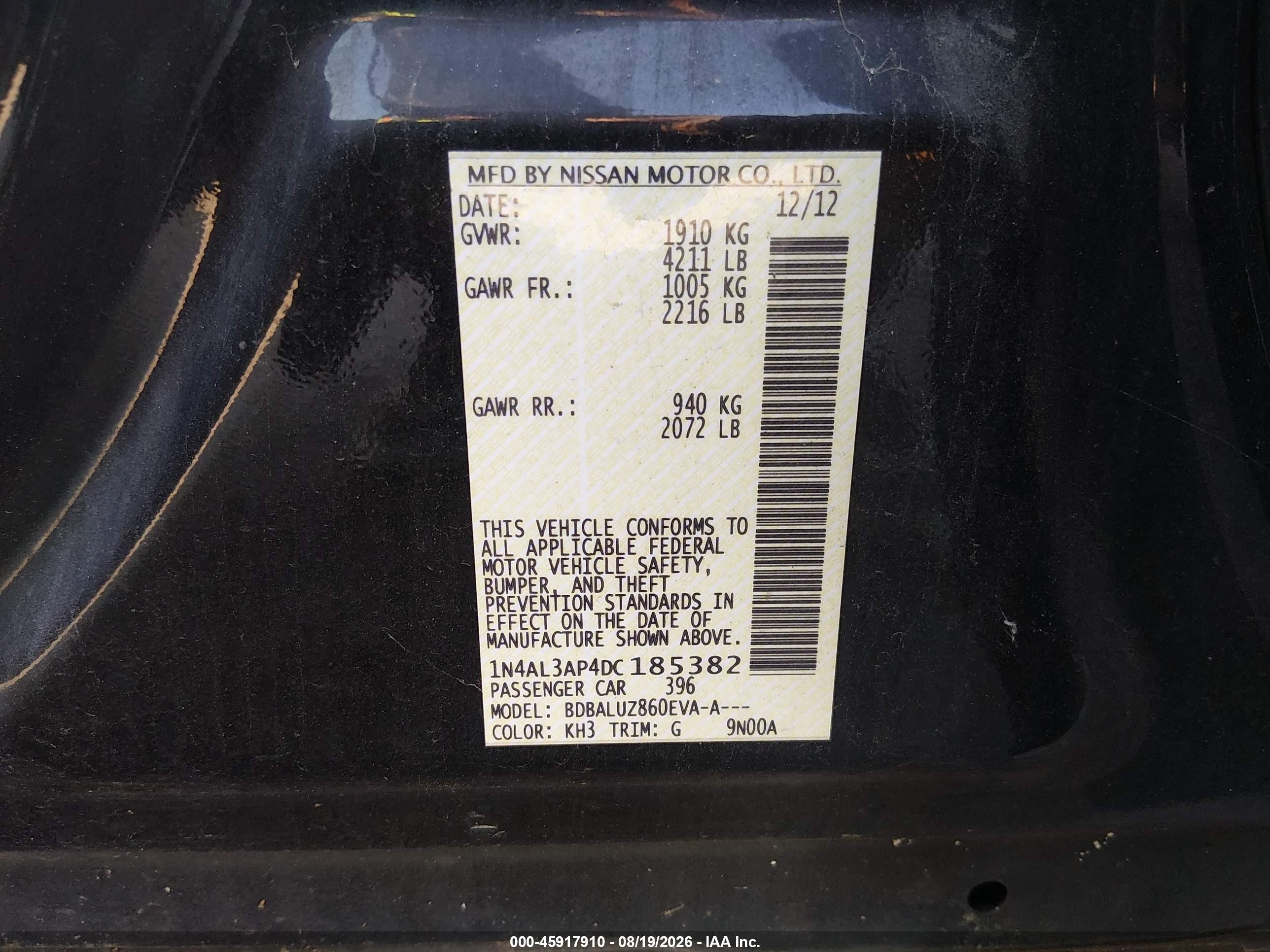 2013 Nissan Altima 2.5 Sv Black vin: 1N4AL3AP4DC185382