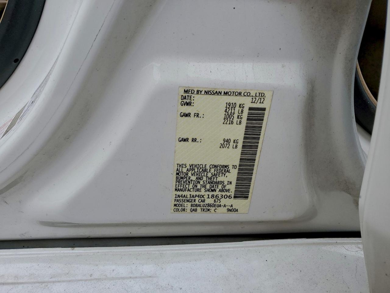 2013 Nissan Altima 2.5 White vin: 1N4AL3AP4DC186306