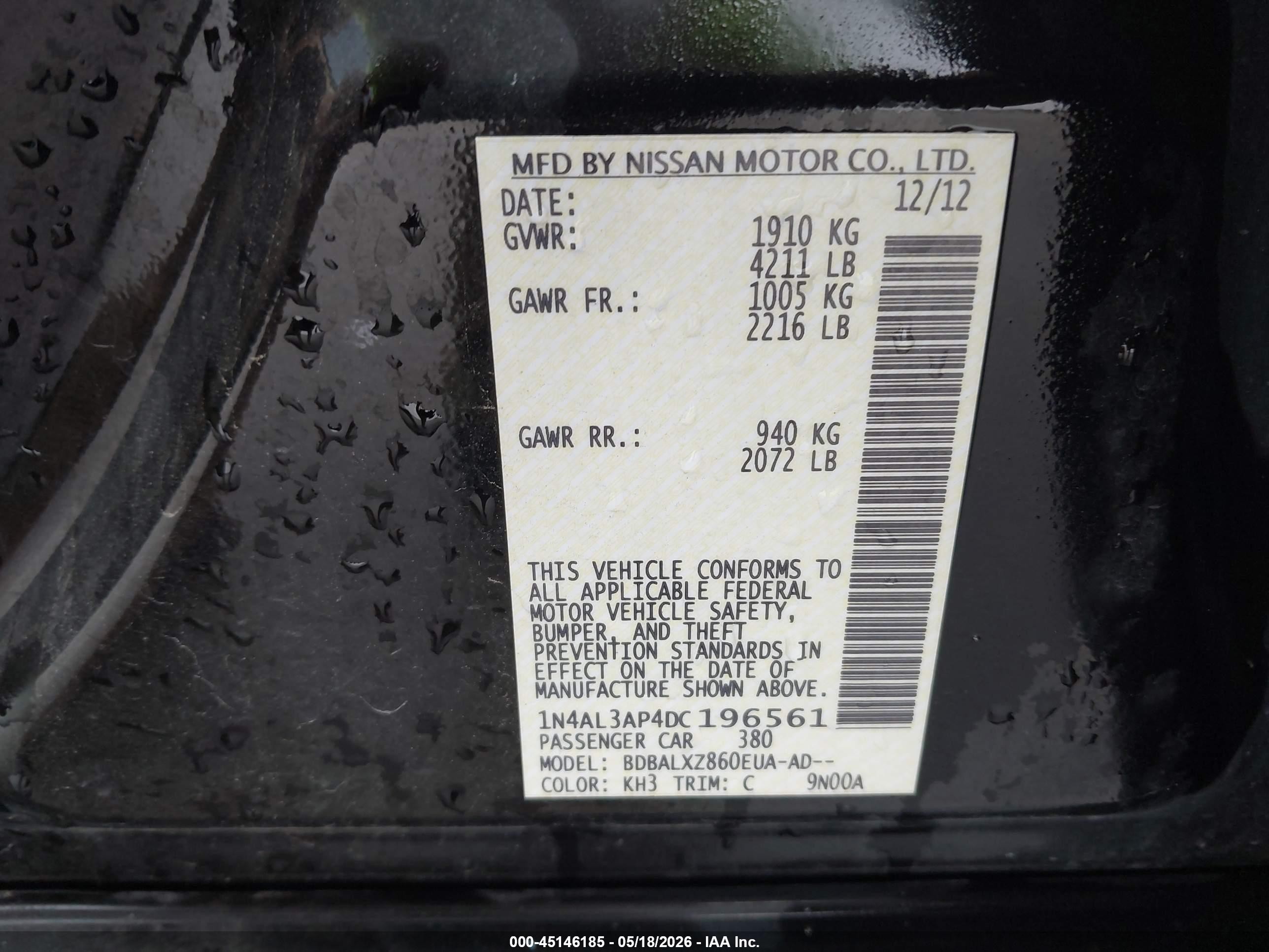 2013 Nissan Altima 2.5 Sl Black vin: 1N4AL3AP4DC196561