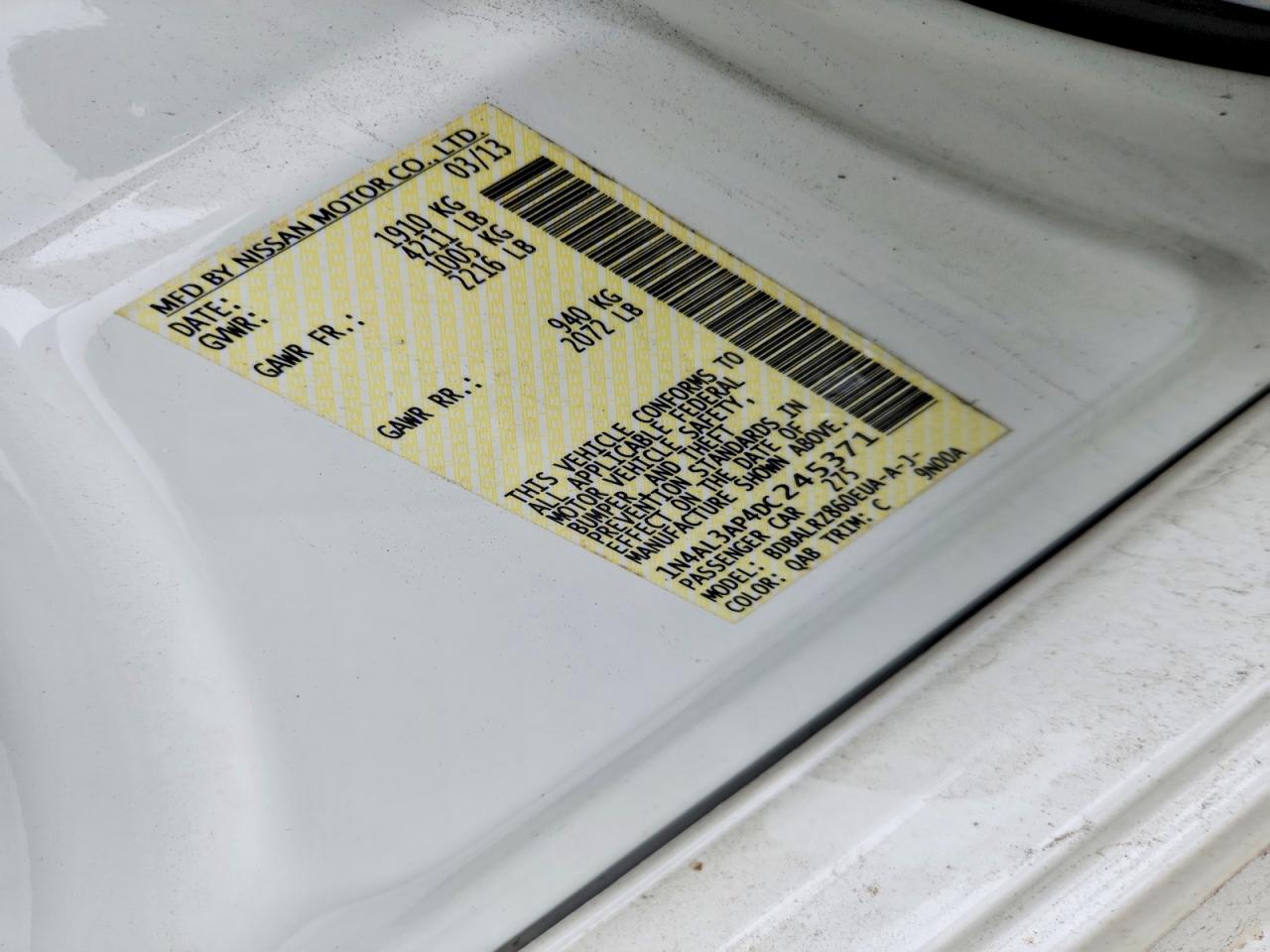 2013 Nissan Altima 2.5 White vin: 1N4AL3AP4DC245371