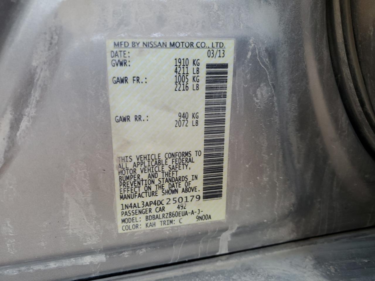 2013 Nissan Altima 2.5 Gold vin: 1N4AL3AP4DC250179