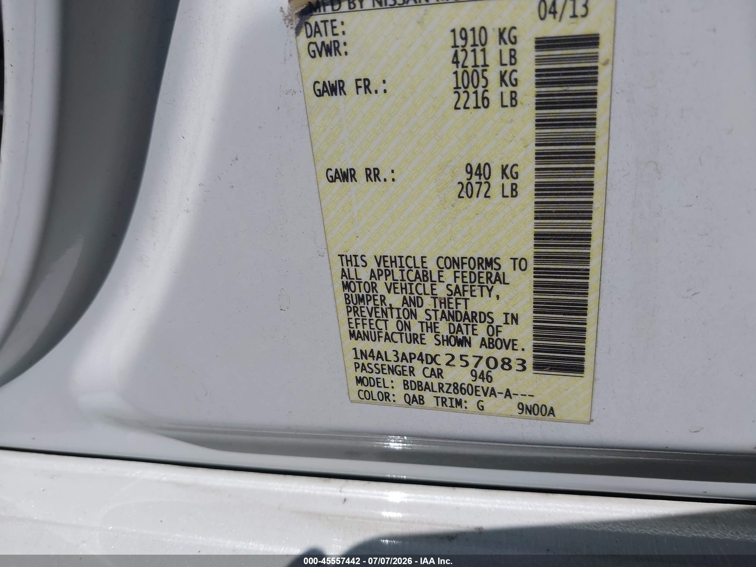 2013 Nissan Altima 2.5 S White vin: 1N4AL3AP4DC257083