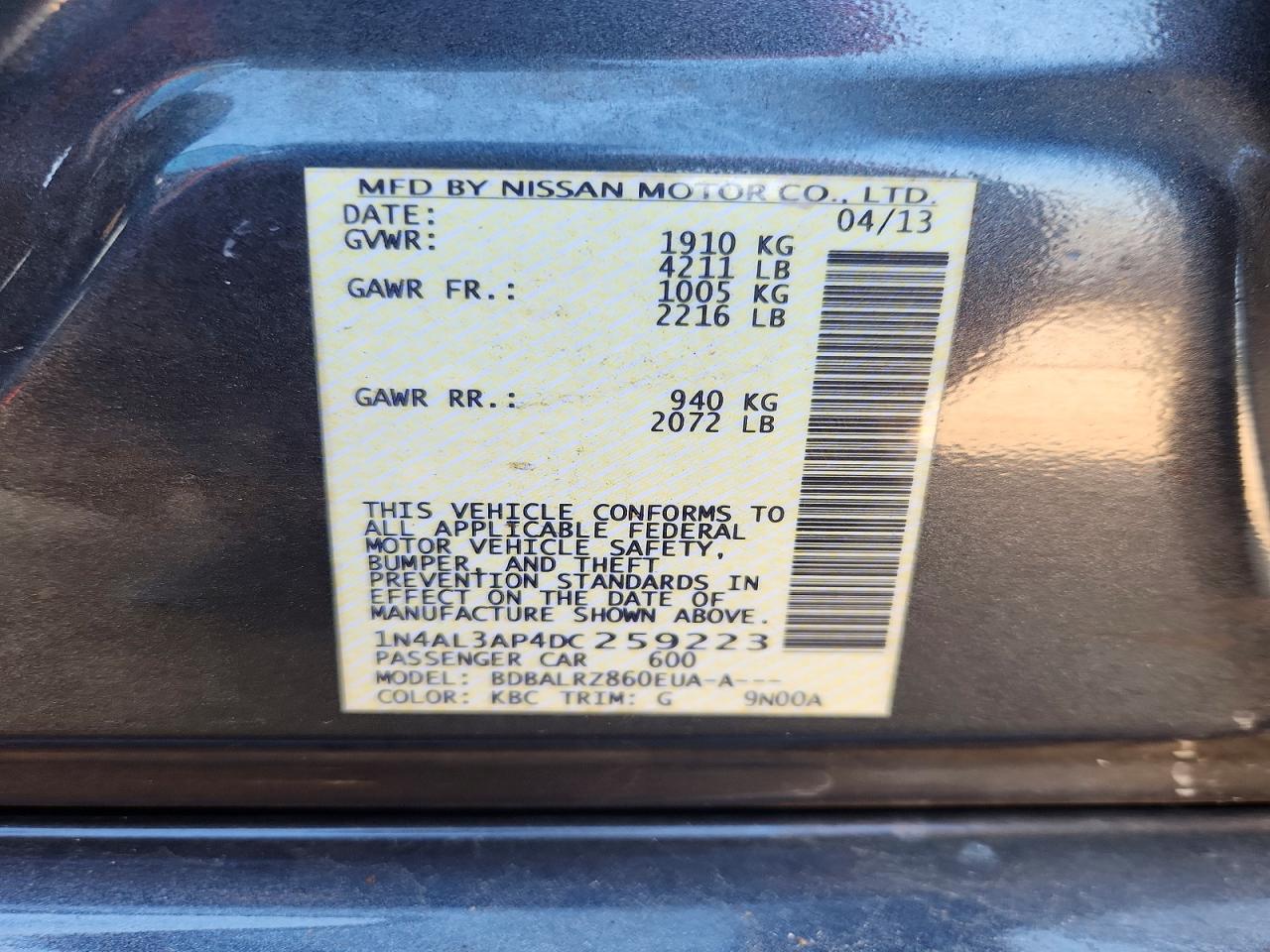 2013 Nissan Altima 2.5 Черный vin: 1N4AL3AP4DC259223