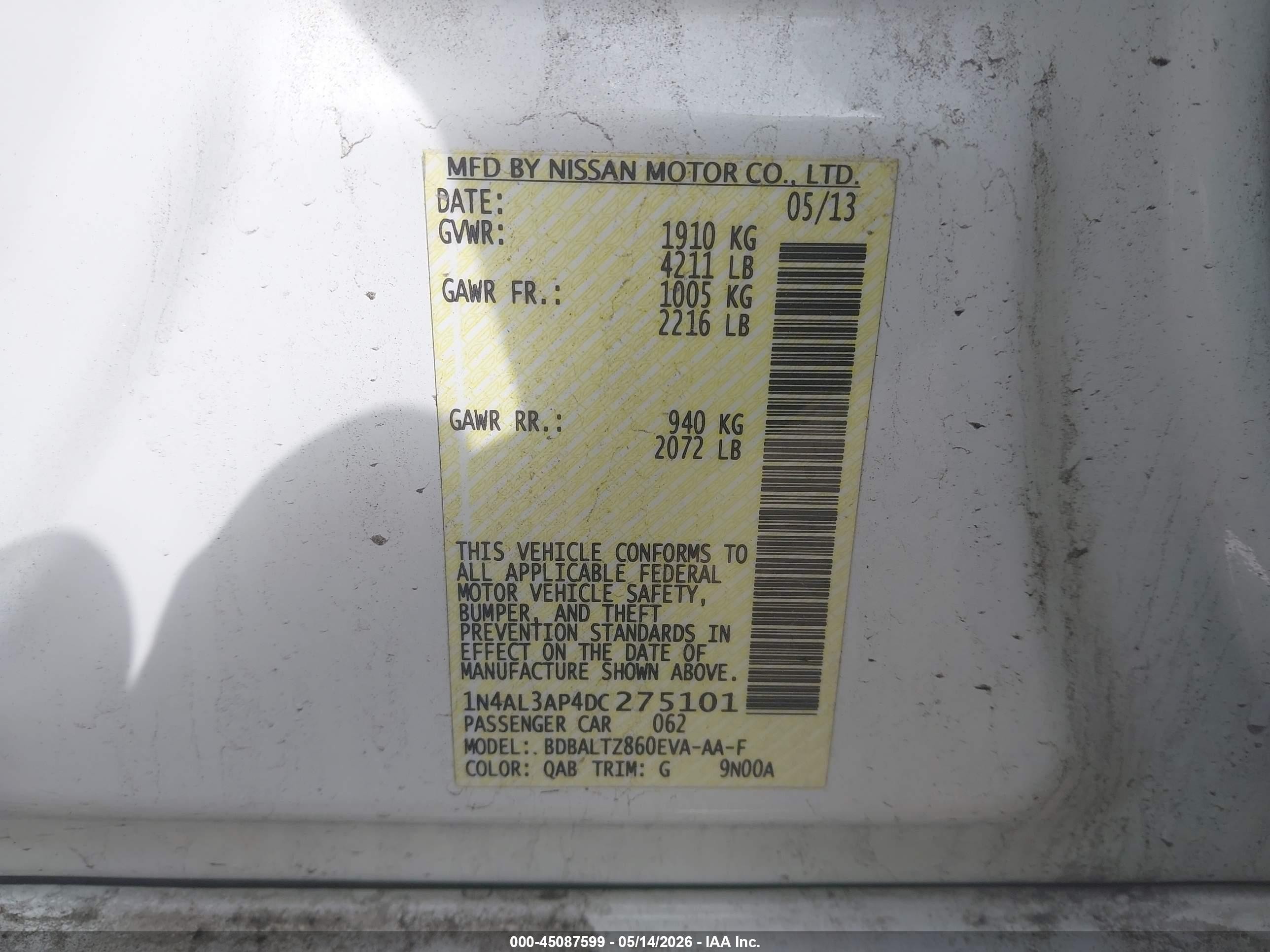 2013 Nissan Altima 2.5 Sv Белый vin: 1N4AL3AP4DC275101