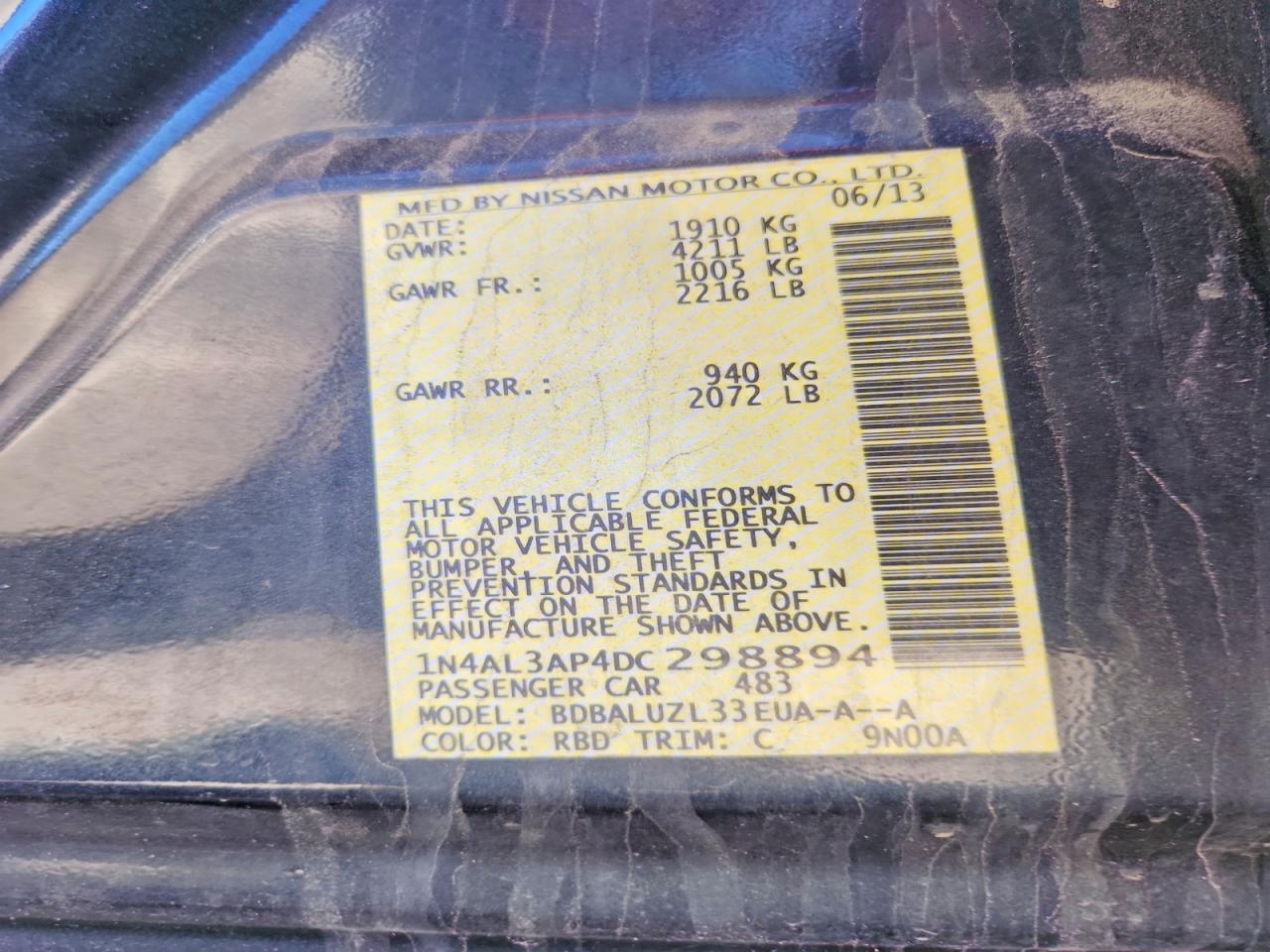 2013 Nissan Altima 2.5 Charcoal vin: 1N4AL3AP4DC298894