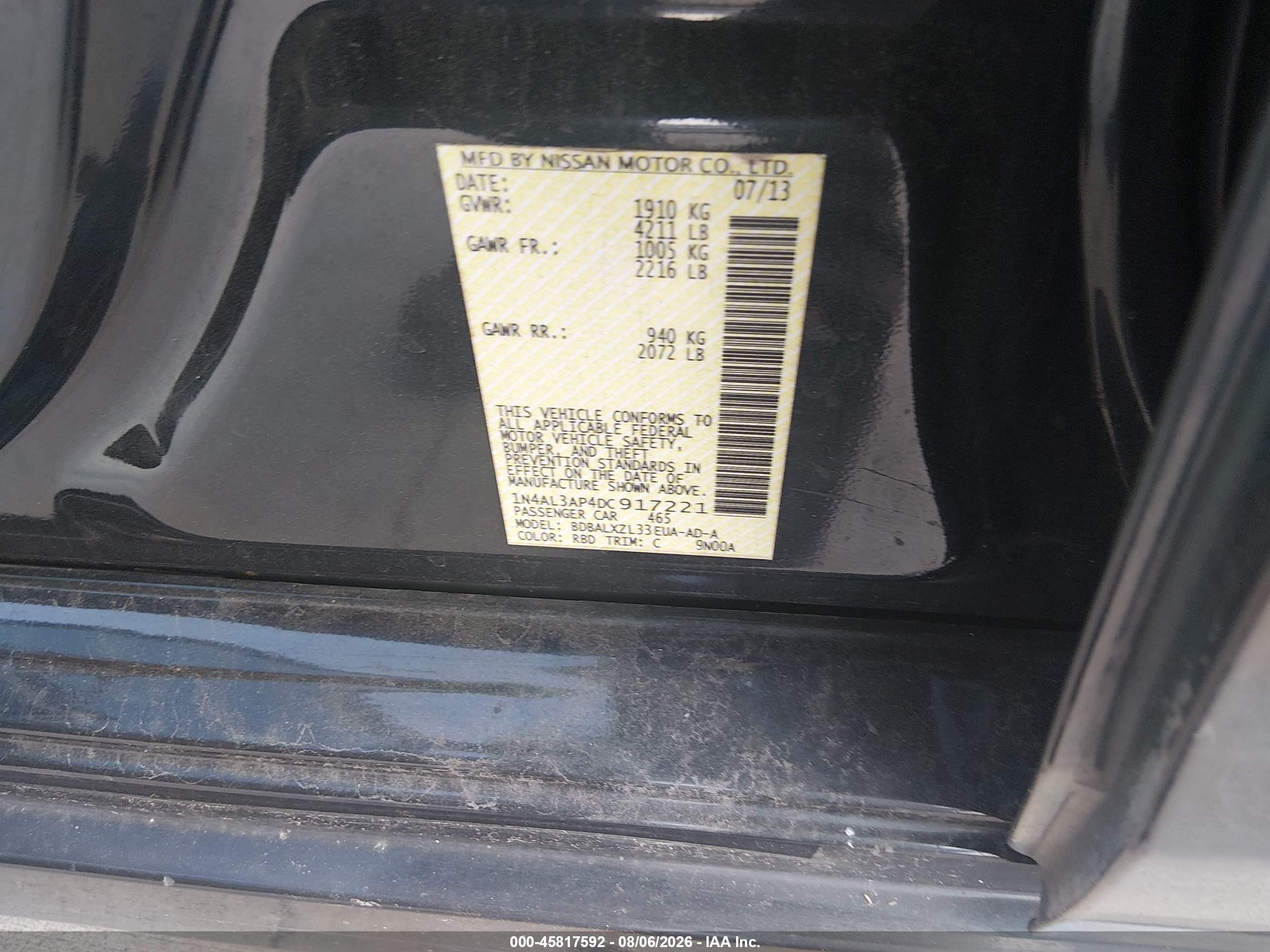 2013 Nissan Altima 2.5 Sl Black vin: 1N4AL3AP4DC917221