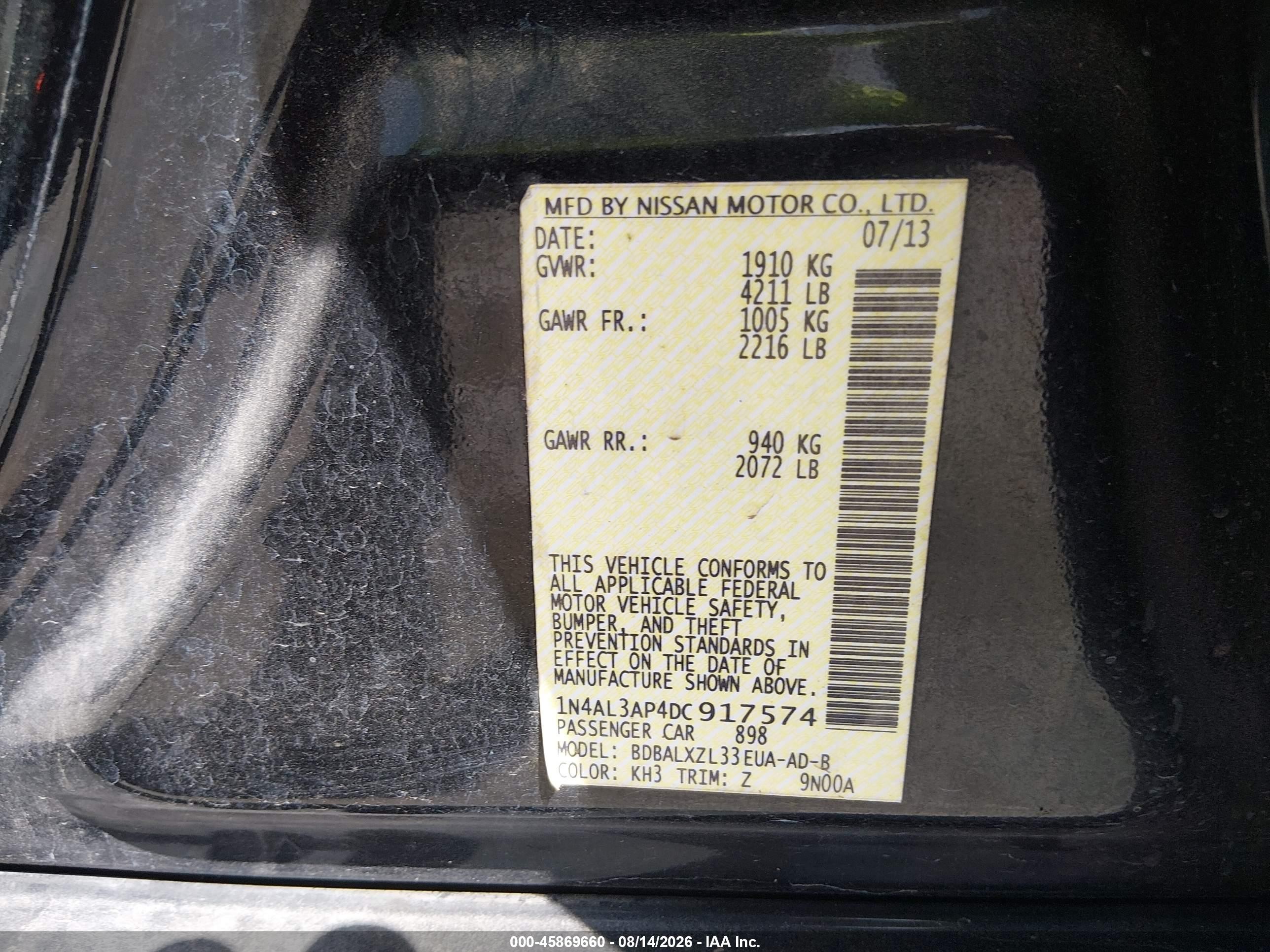 2013 Nissan Altima 2.5 Sl Black vin: 1N4AL3AP4DC917574