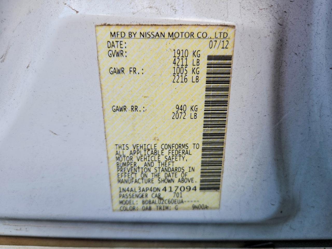 2013 Nissan Altima 2.5 Белый vin: 1N4AL3AP4DN417094