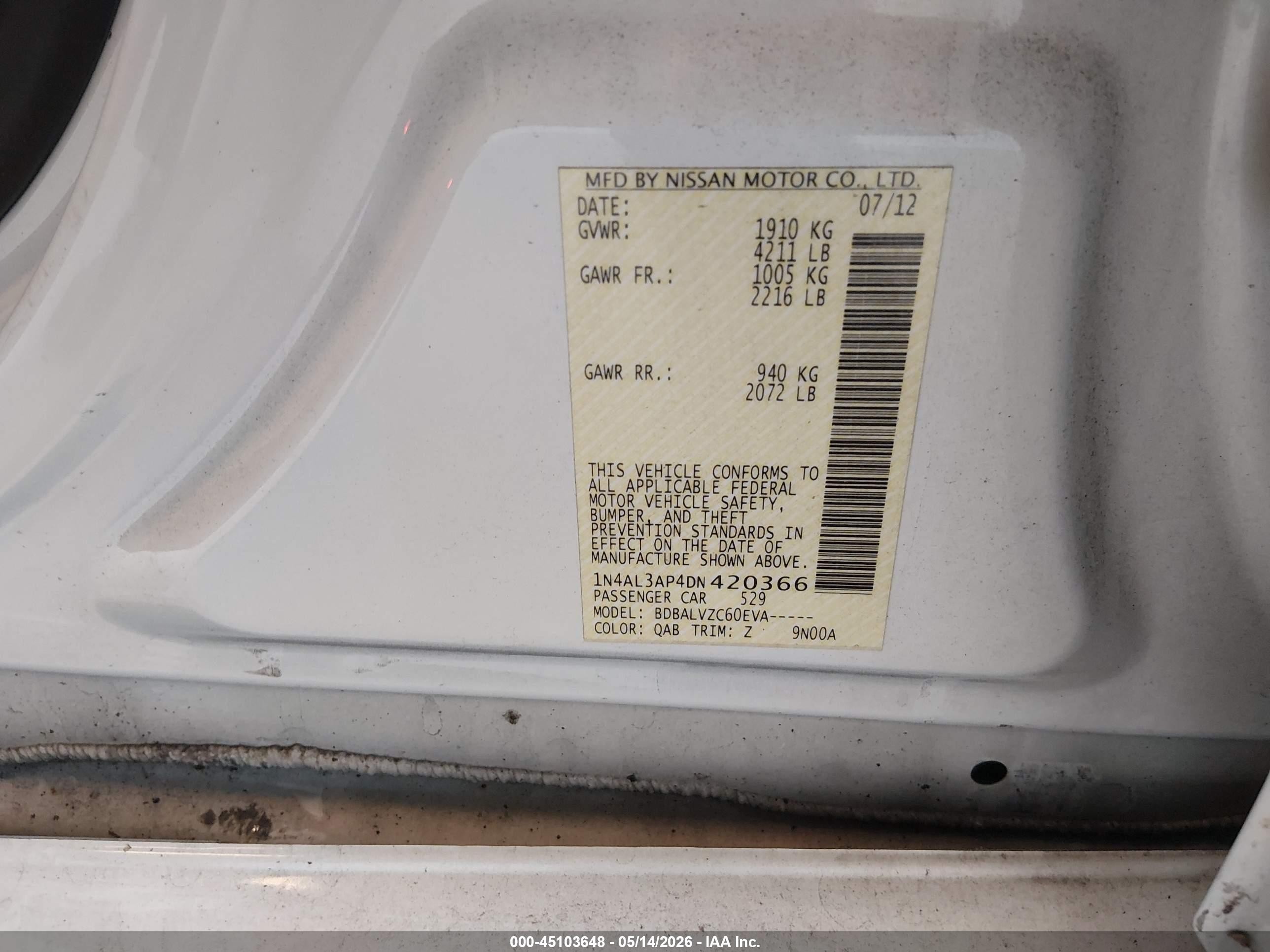 2013 Nissan Altima 2.5 Sl White vin: 1N4AL3AP4DN420366