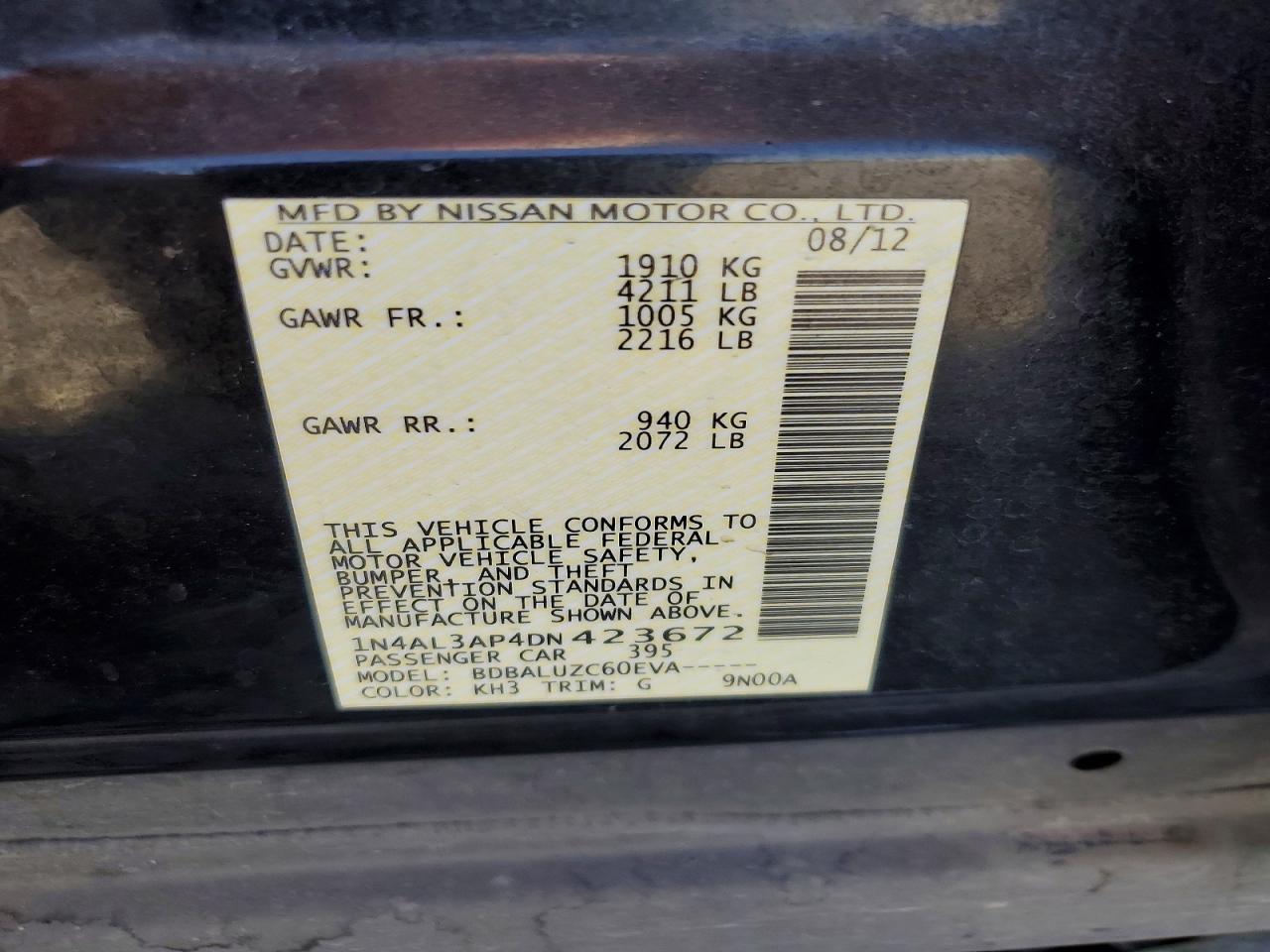 2013 Nissan Altima 2.5/s/sv/sl Черный vin: 1N4AL3AP4DN423672