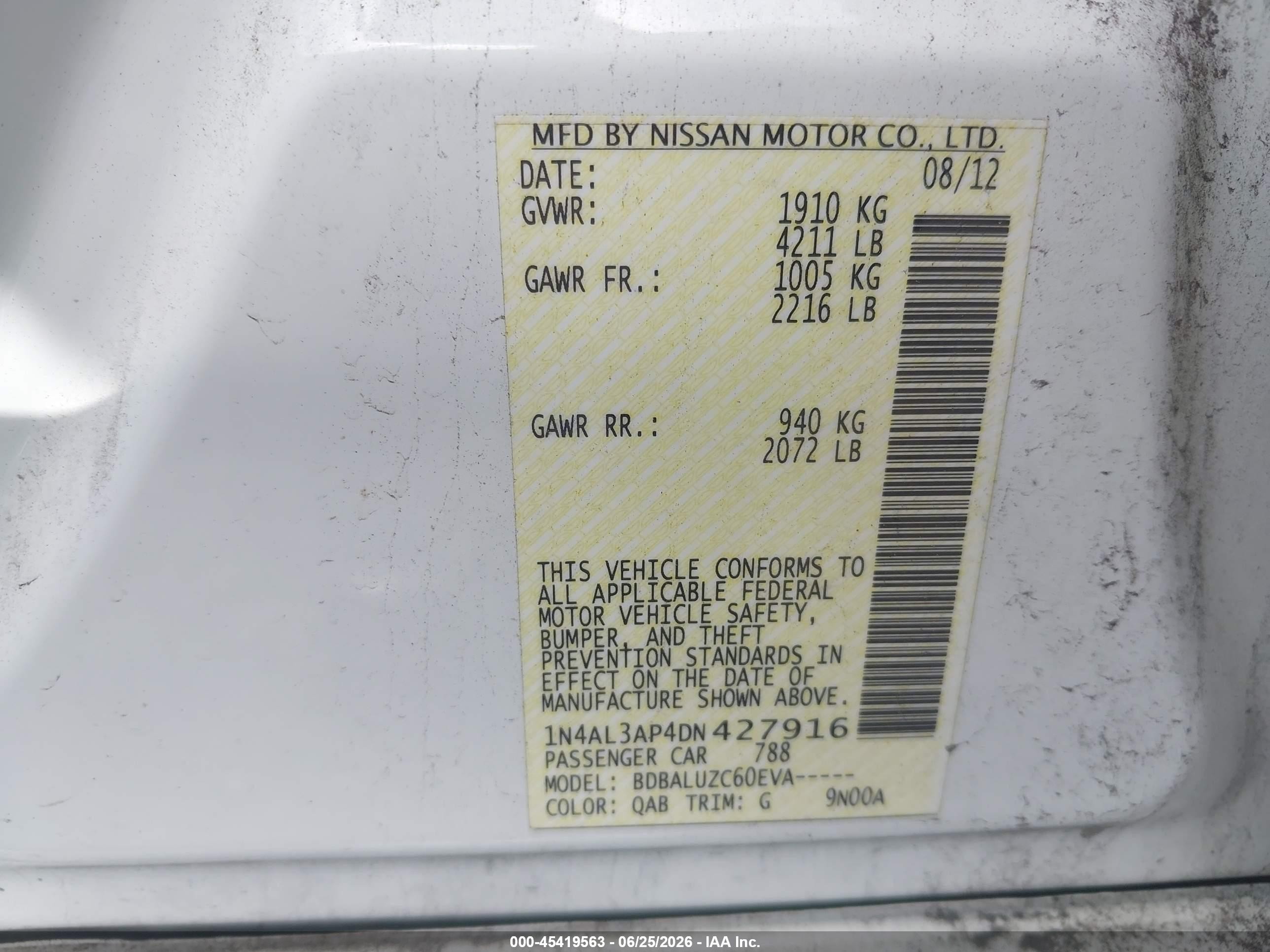 2013 Nissan Altima 2.5 Sv White vin: 1N4AL3AP4DN427916