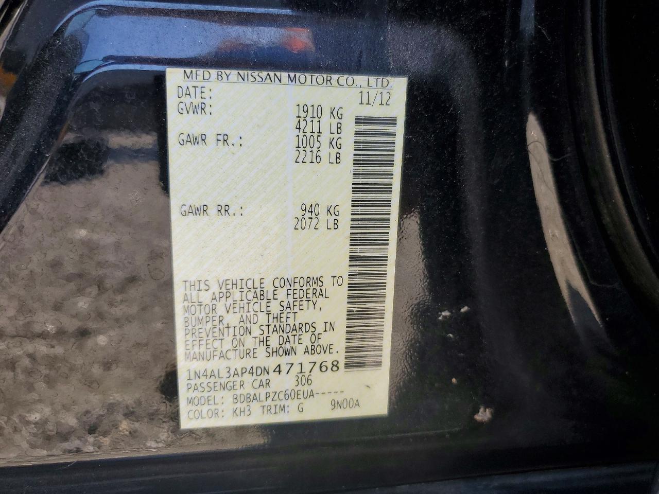 2013 Nissan Altima 2.5 Black vin: 1N4AL3AP4DN471768