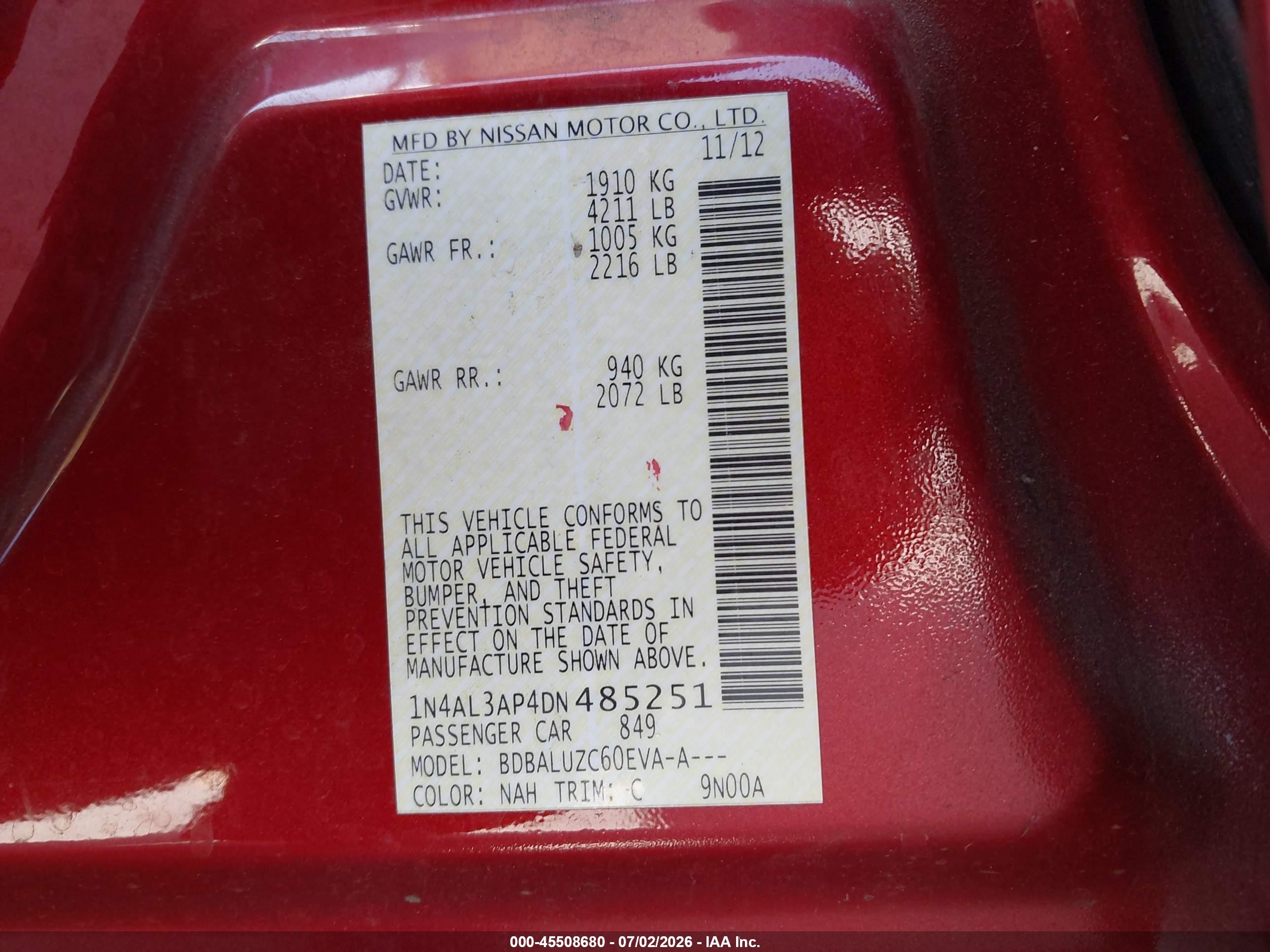 2013 Nissan Altima 2.5 Sv Red vin: 1N4AL3AP4DN485251