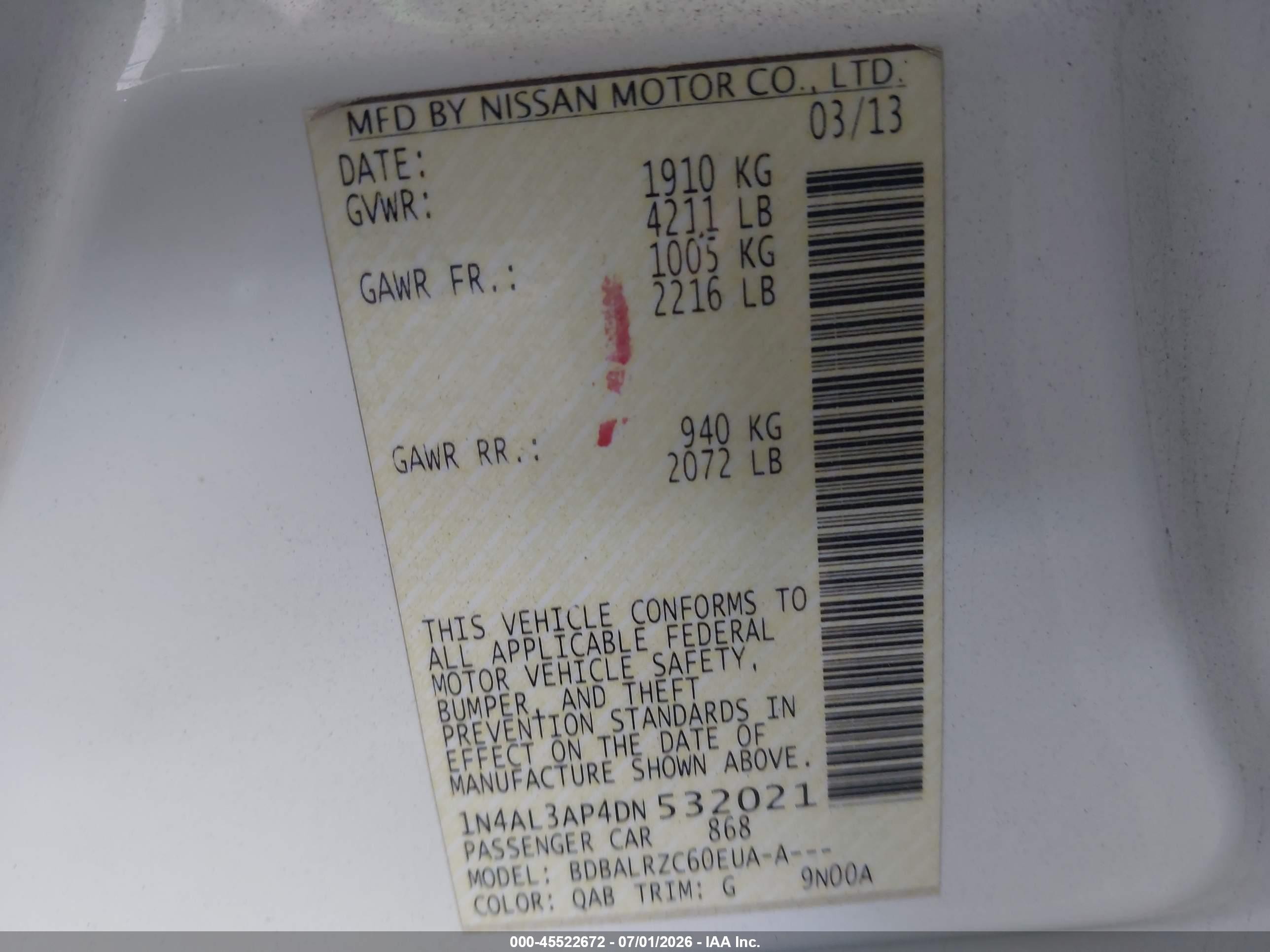 2013 Nissan Altima 2.5 S White vin: 1N4AL3AP4DN532021