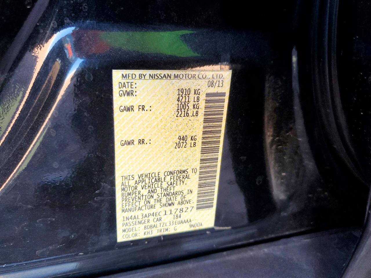 2014 Nissan Altima 2.5 Black vin: 1N4AL3AP4EC117827