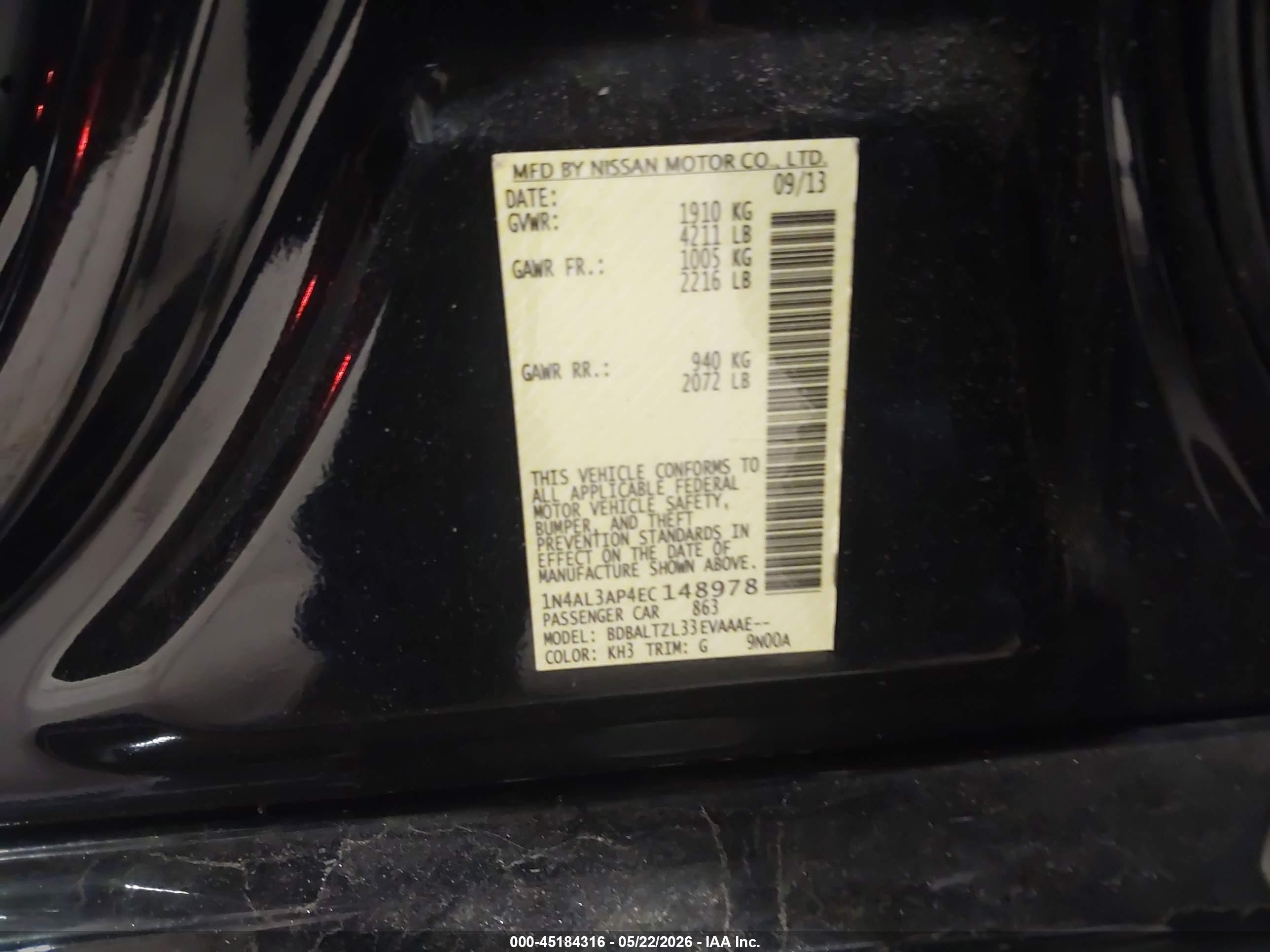 2014 Nissan Altima 2.5 Sv Black vin: 1N4AL3AP4EC148978