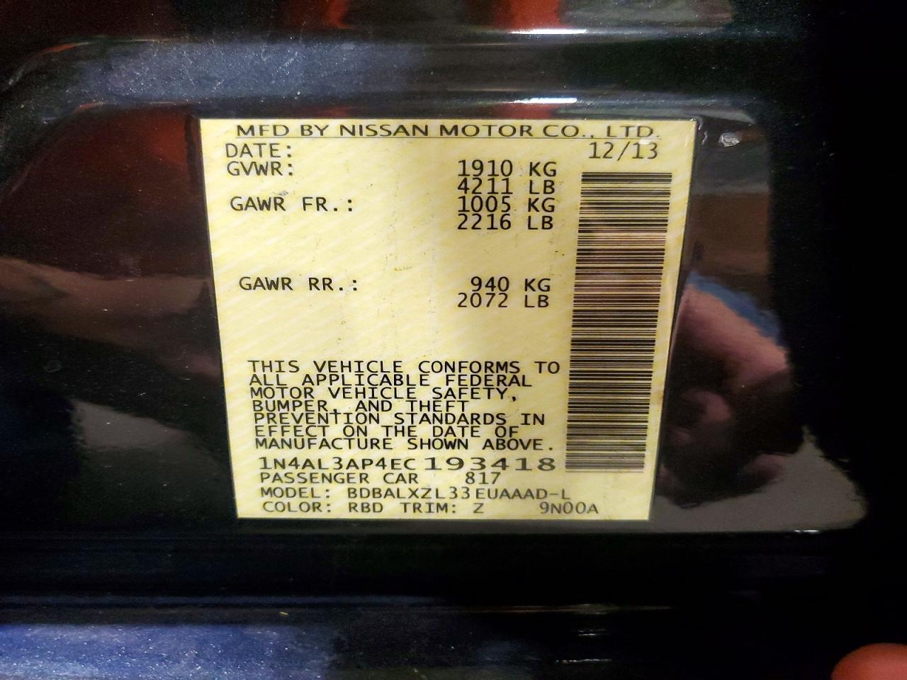 2014 Nissan Altima 2.5 Sl Синий vin: 1N4AL3AP4EC193418