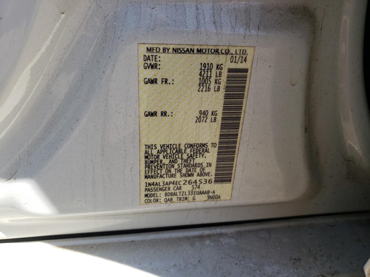 2014 Nissan Altima 2.5 White vin: 1N4AL3AP4EC264536