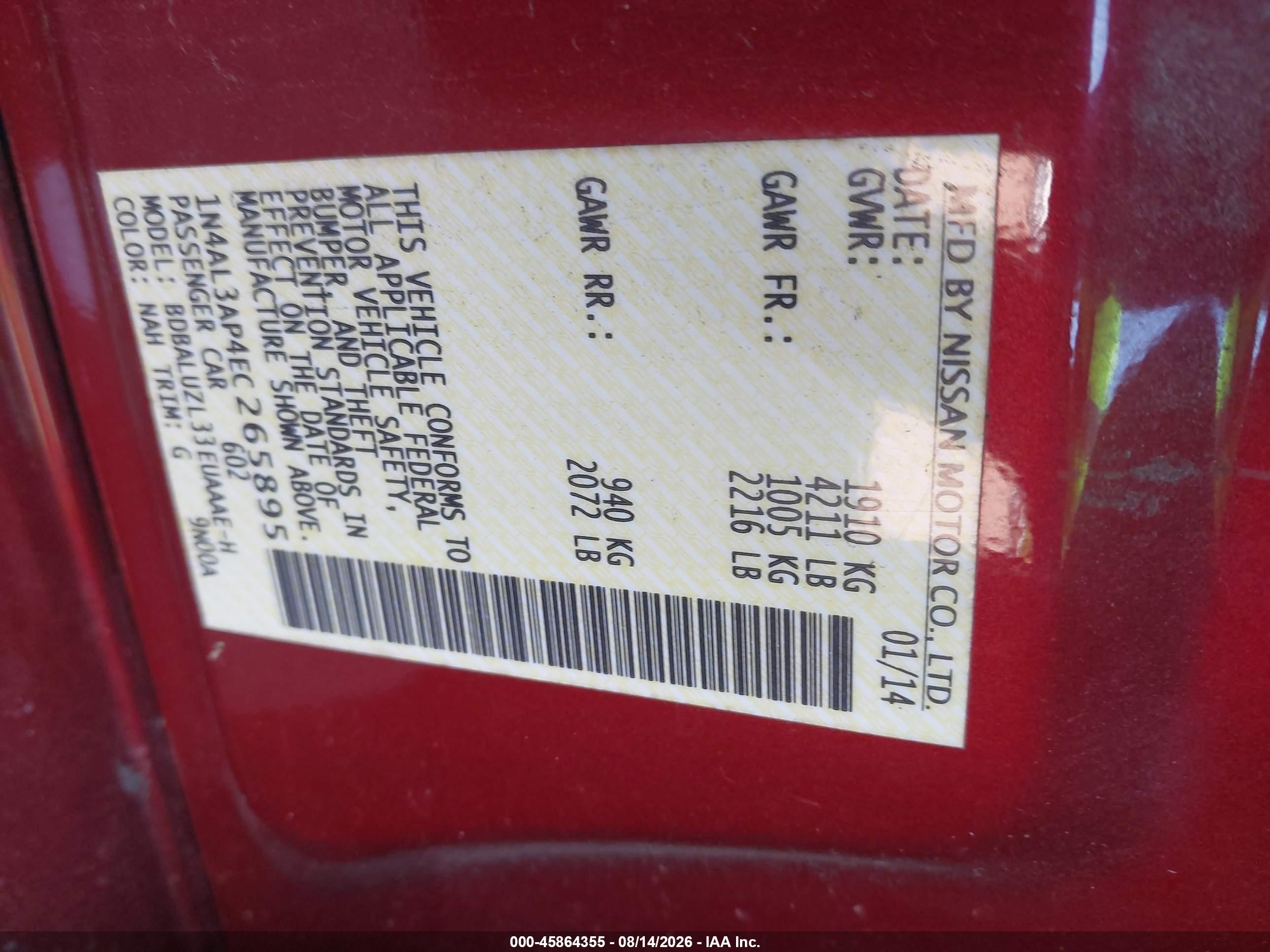 2014 Nissan Altima 2.5 Sv Red vin: 1N4AL3AP4EC265895