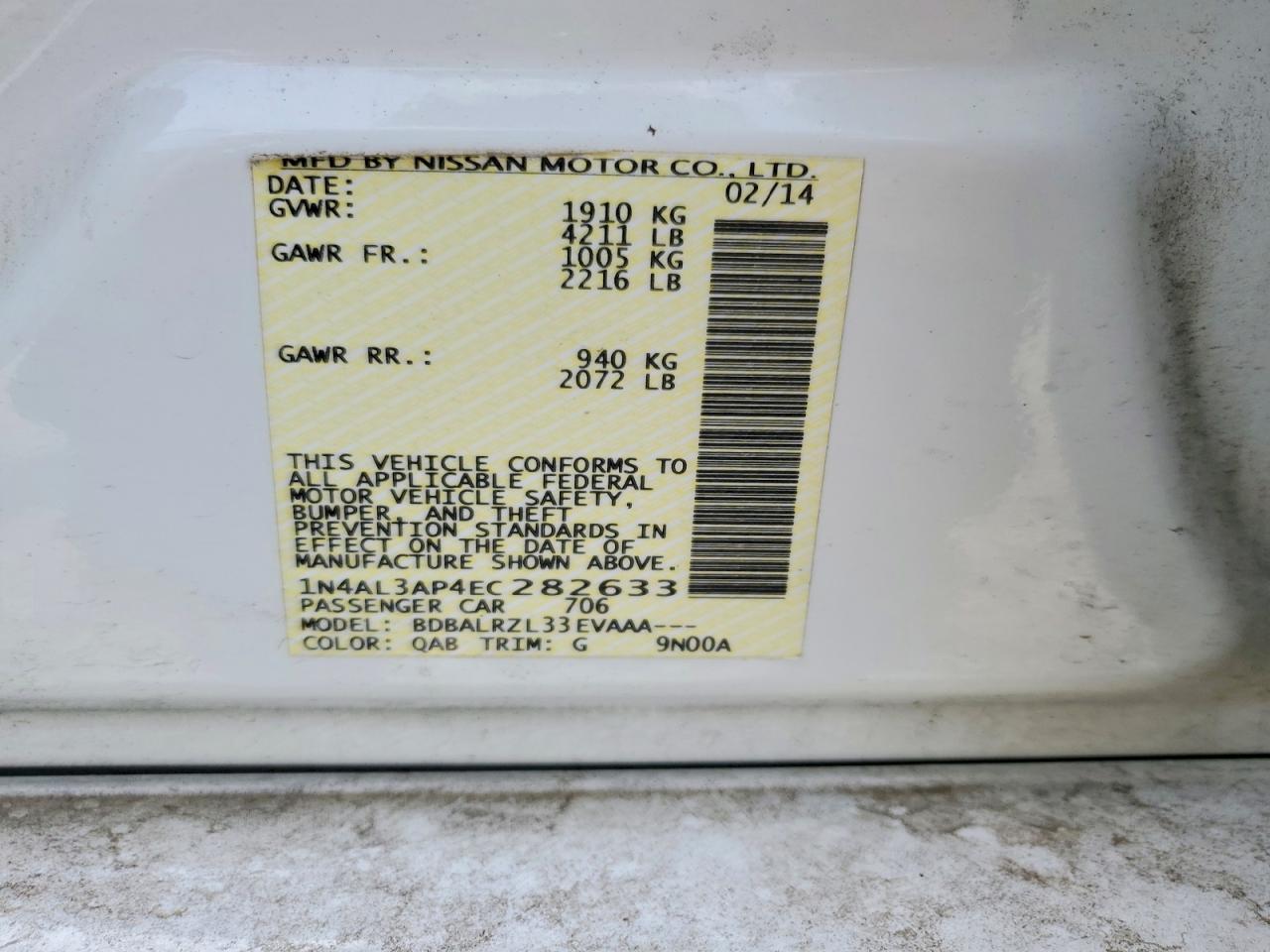 2014 Nissan Altima 2.5 S White vin: 1N4AL3AP4EC282633