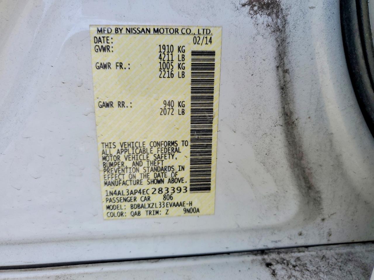 2014 Nissan Altima 2.5 Sl White vin: 1N4AL3AP4EC283393