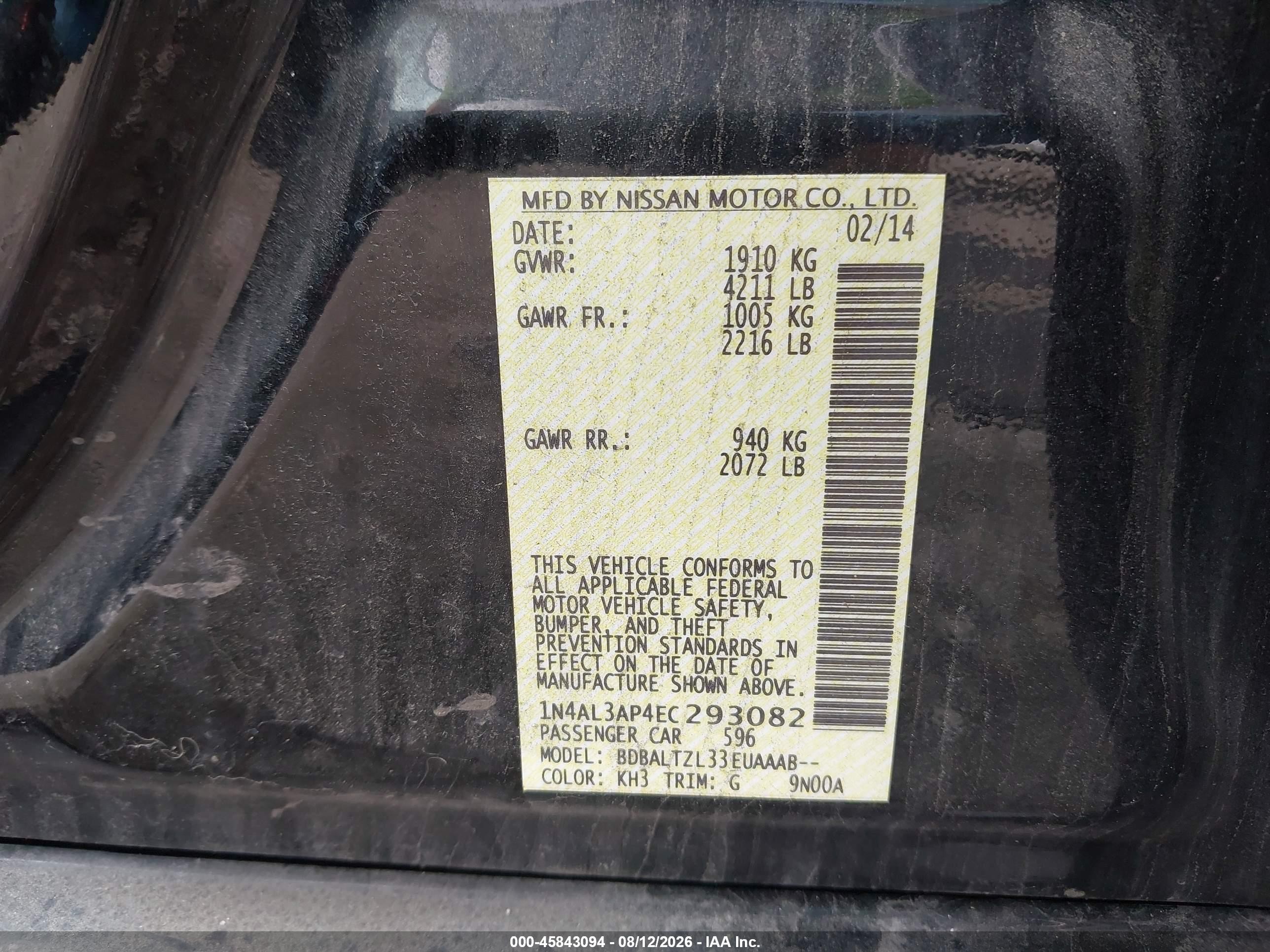 2014 Nissan Altima 2.5/2.5 S/2.5 Sl/2.5 Sv Black vin: 1N4AL3AP4EC293082