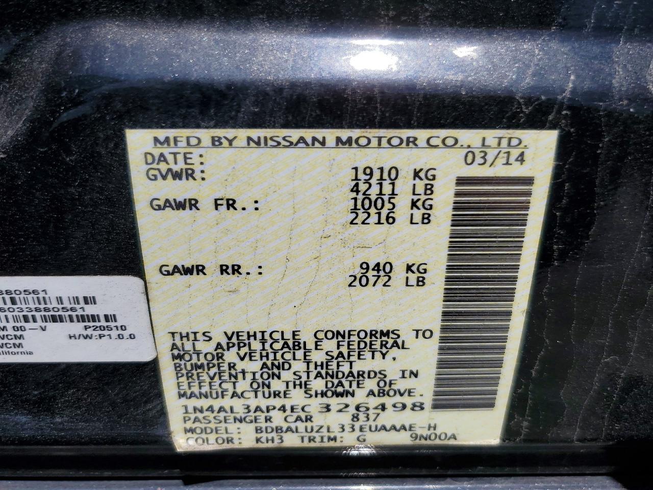 2014 Nissan Altima 2.5 Black vin: 1N4AL3AP4EC326498