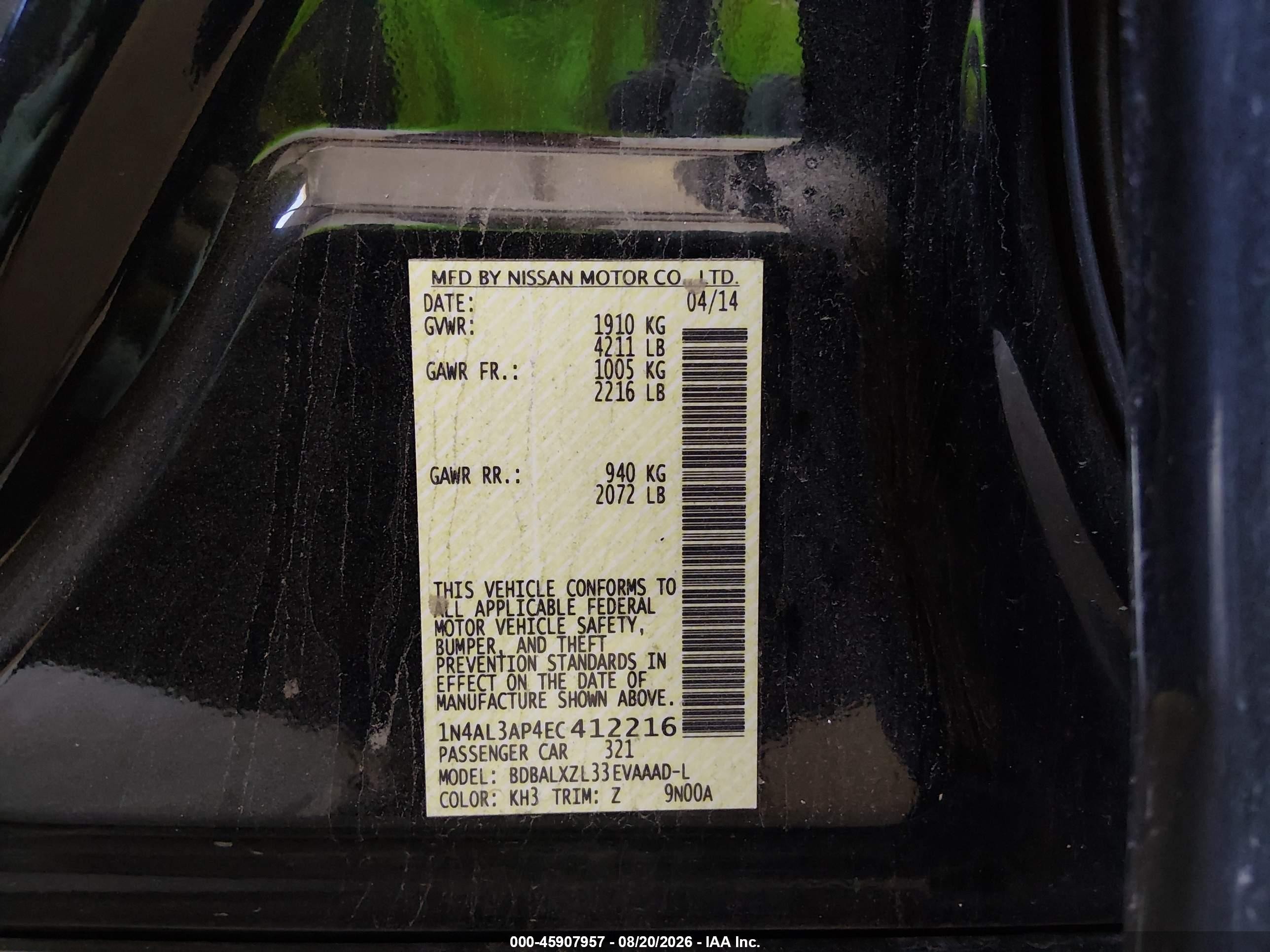 2014 Nissan Altima 2.5 Sl Black vin: 1N4AL3AP4EC412216