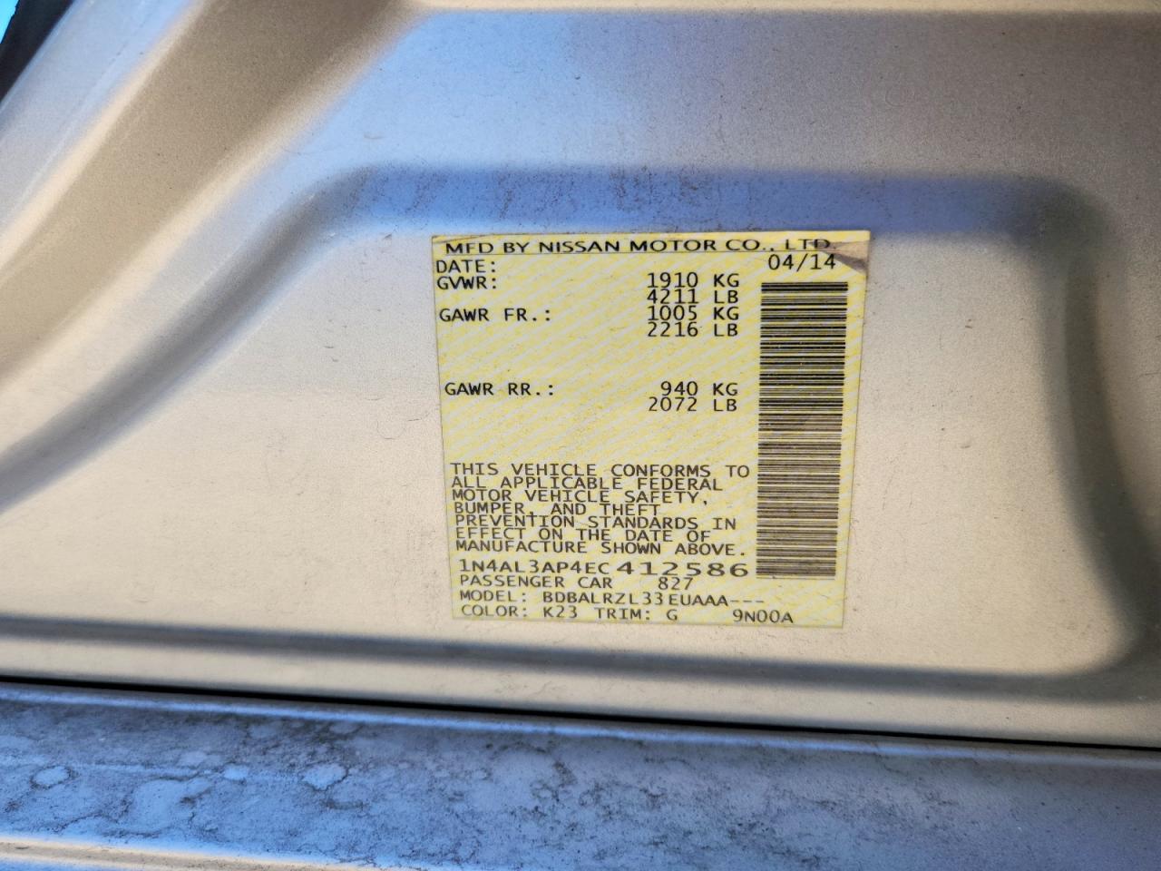 2014 Nissan Altima 2.5/s/sv/sl Silver vin: 1N4AL3AP4EC412586