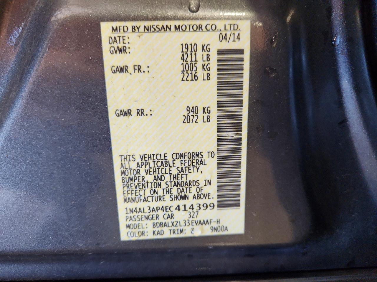 2014 Nissan Altima 2.5 Sl Серый vin: 1N4AL3AP4EC414399