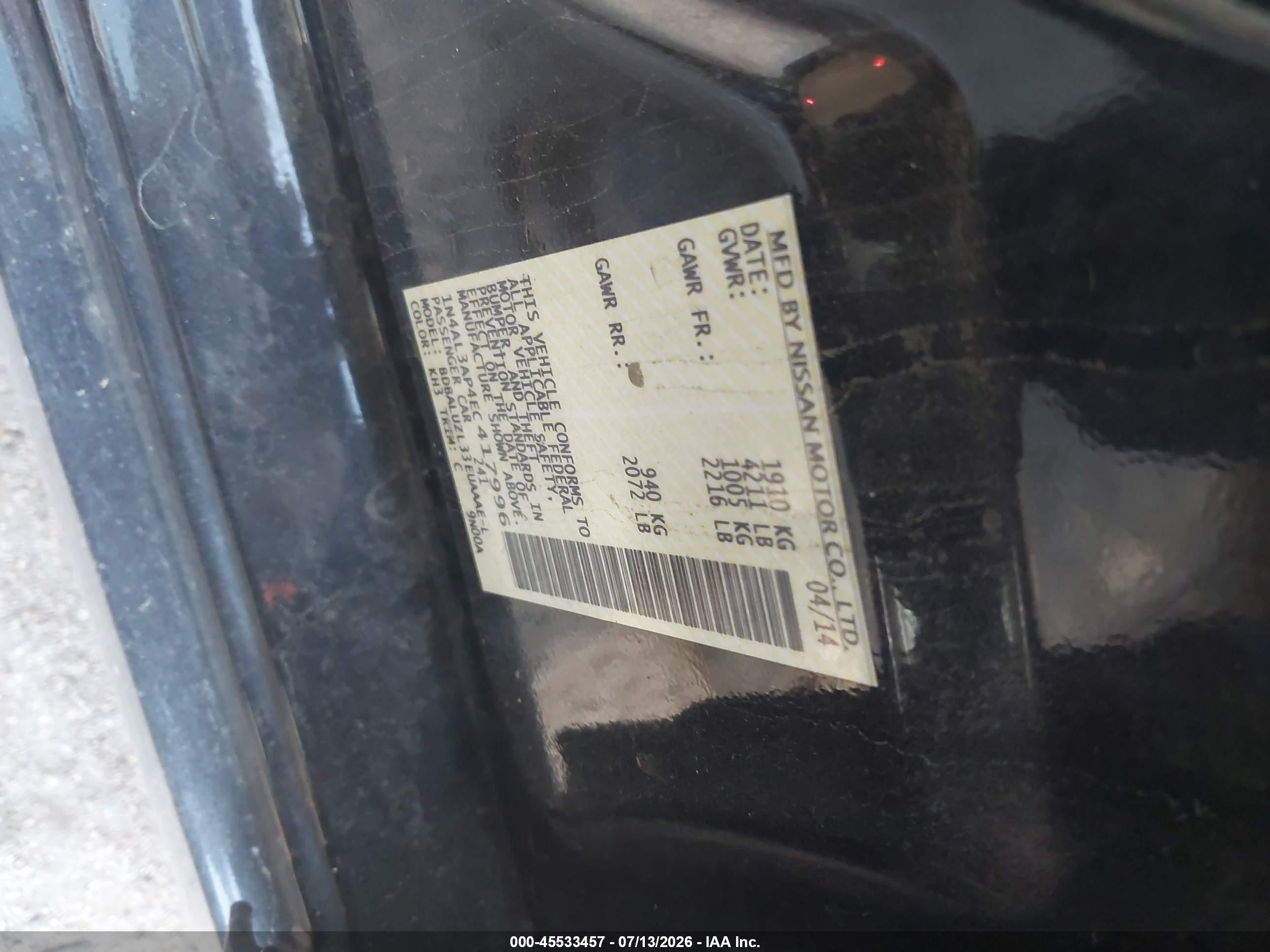 2014 Nissan Altima 2.5 Sv Black vin: 1N4AL3AP4EC417996