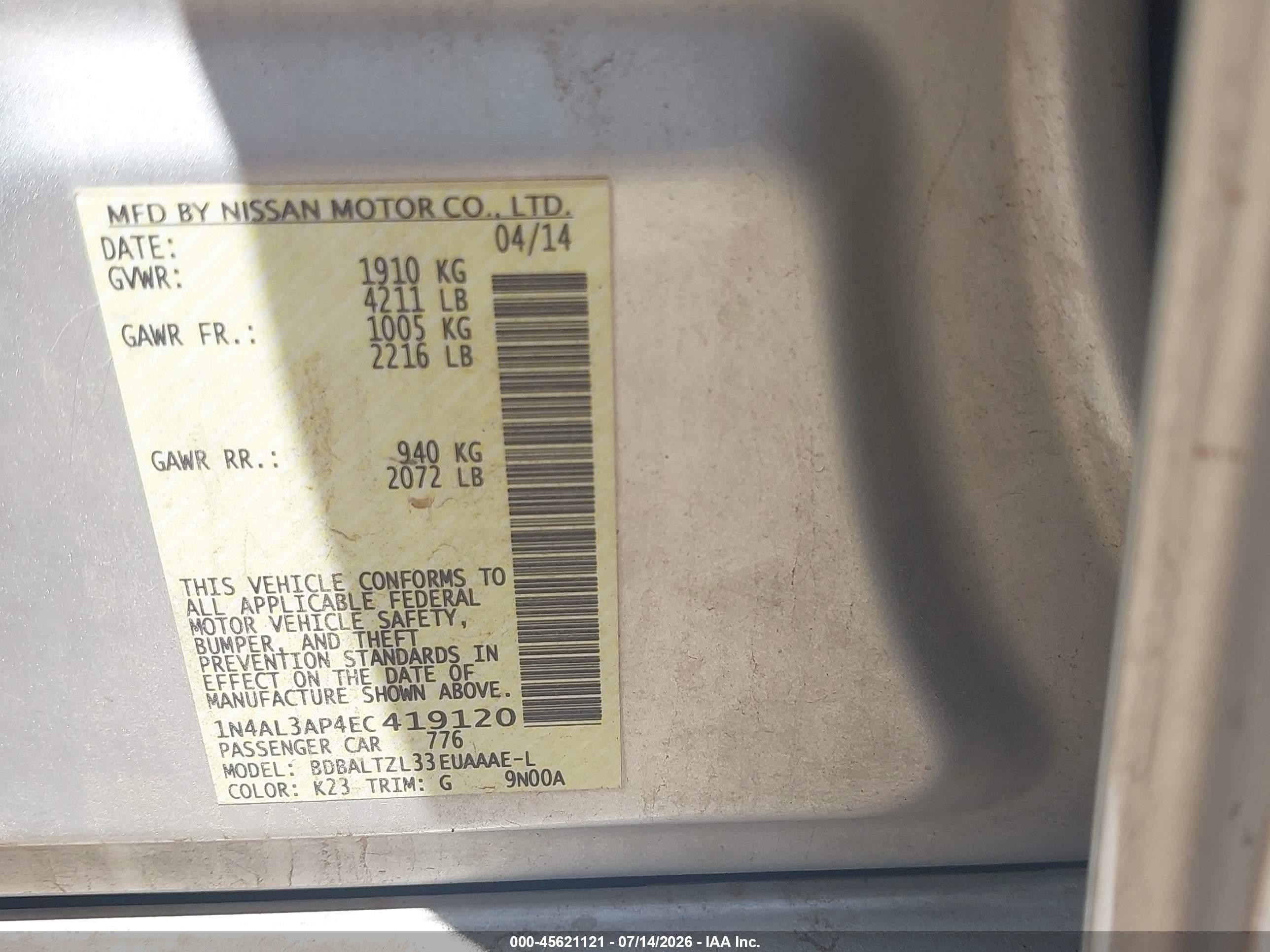 2014 Nissan Altima 2.5 Sv Silver vin: 1N4AL3AP4EC419120