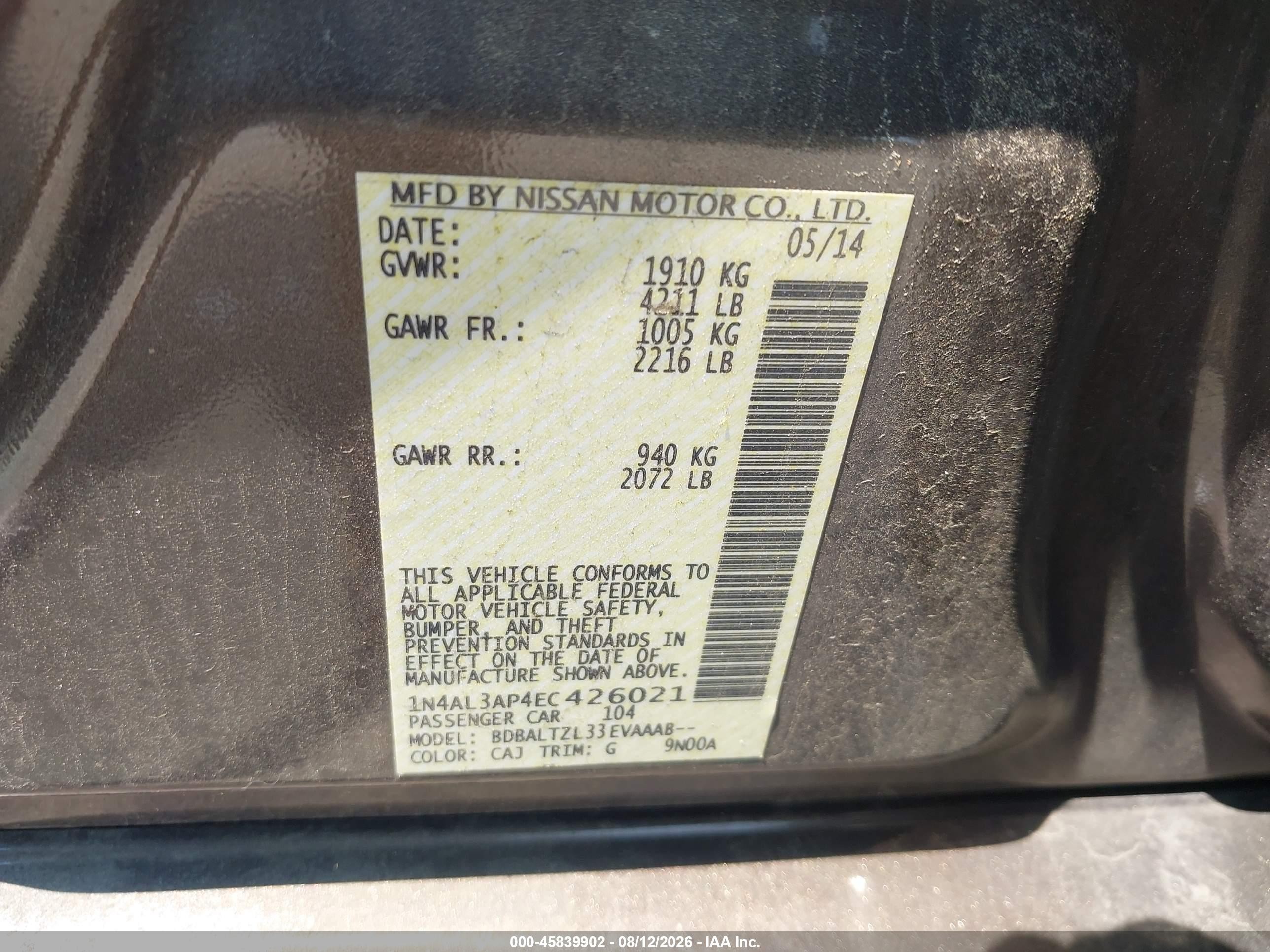 2014 Nissan Altima 2.5 Sv Champagne vin: 1N4AL3AP4EC426021