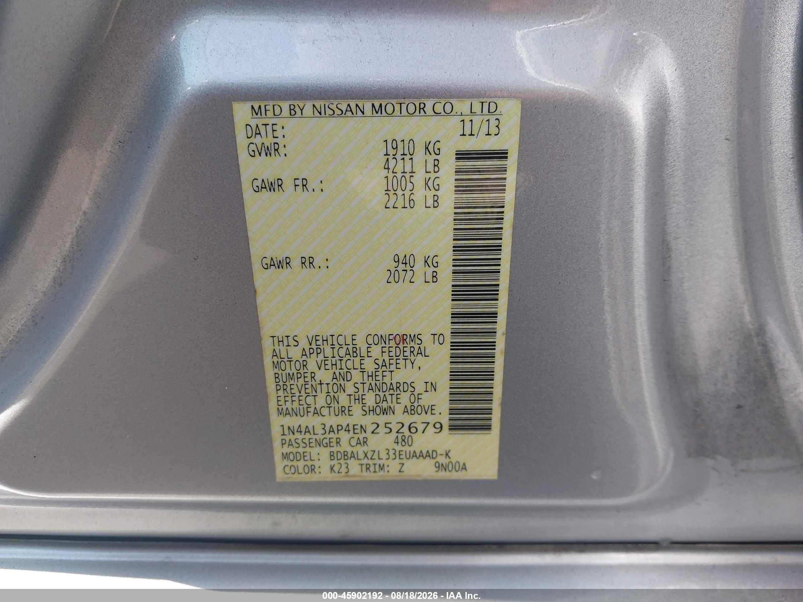 2014 Nissan Altima 2.5 Sl Silver vin: 1N4AL3AP4EN252679