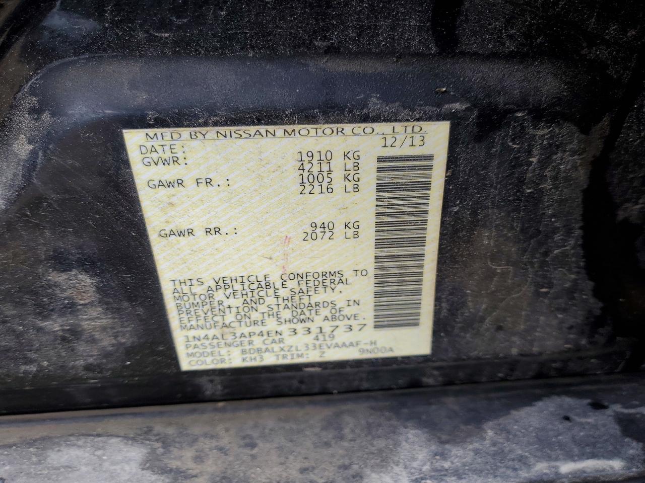 2014 Nissan Altima 2.5 Sl Черный vin: 1N4AL3AP4EN331737
